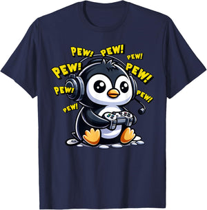 Penguin Gamer Pew Funny Video Games Vintage Boys Men Girls T-Shirt - T-Shirt | Navy