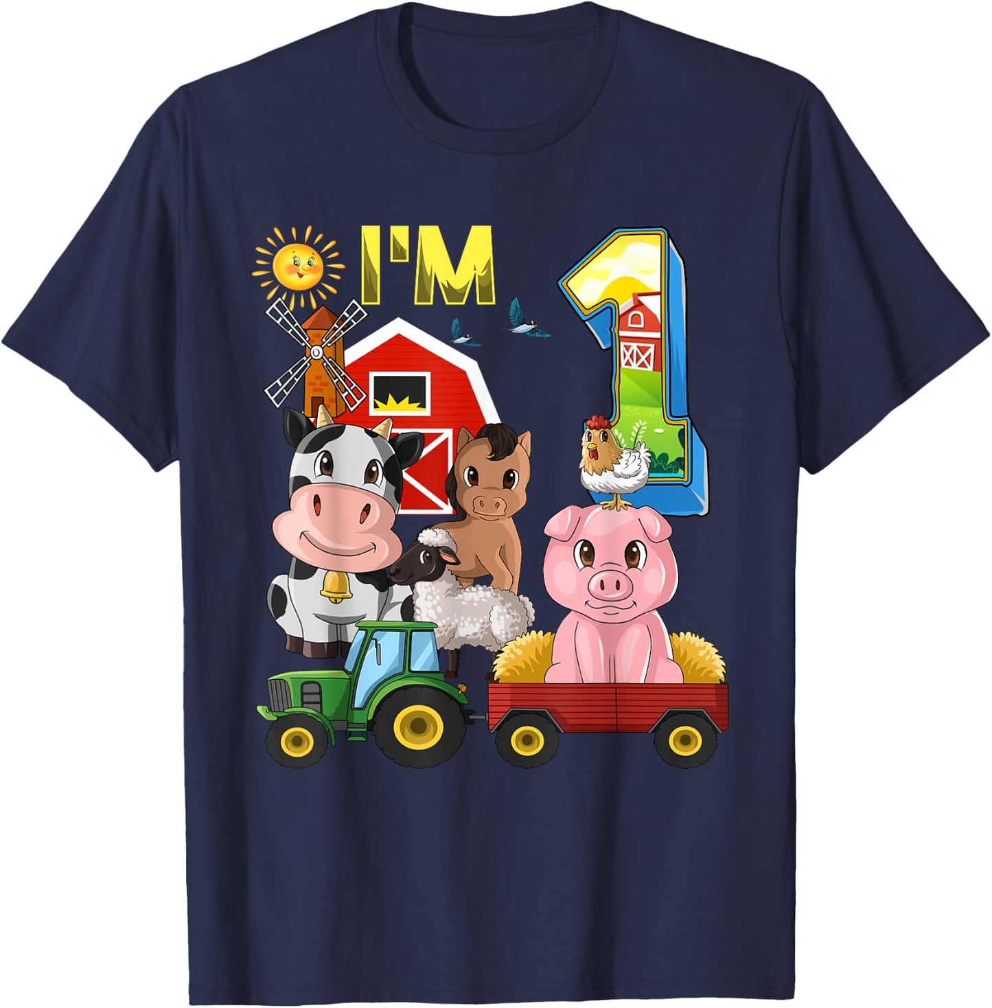 Farm Animals Barnyard Tractor 1st Birthday I'm 1 Year Old T-Shirt - T-Shirt | Navy