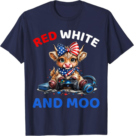 Red White and Moo Funny Highland Cow 4th of July Patriotic T-Shirt - T-Shirt | Navy
