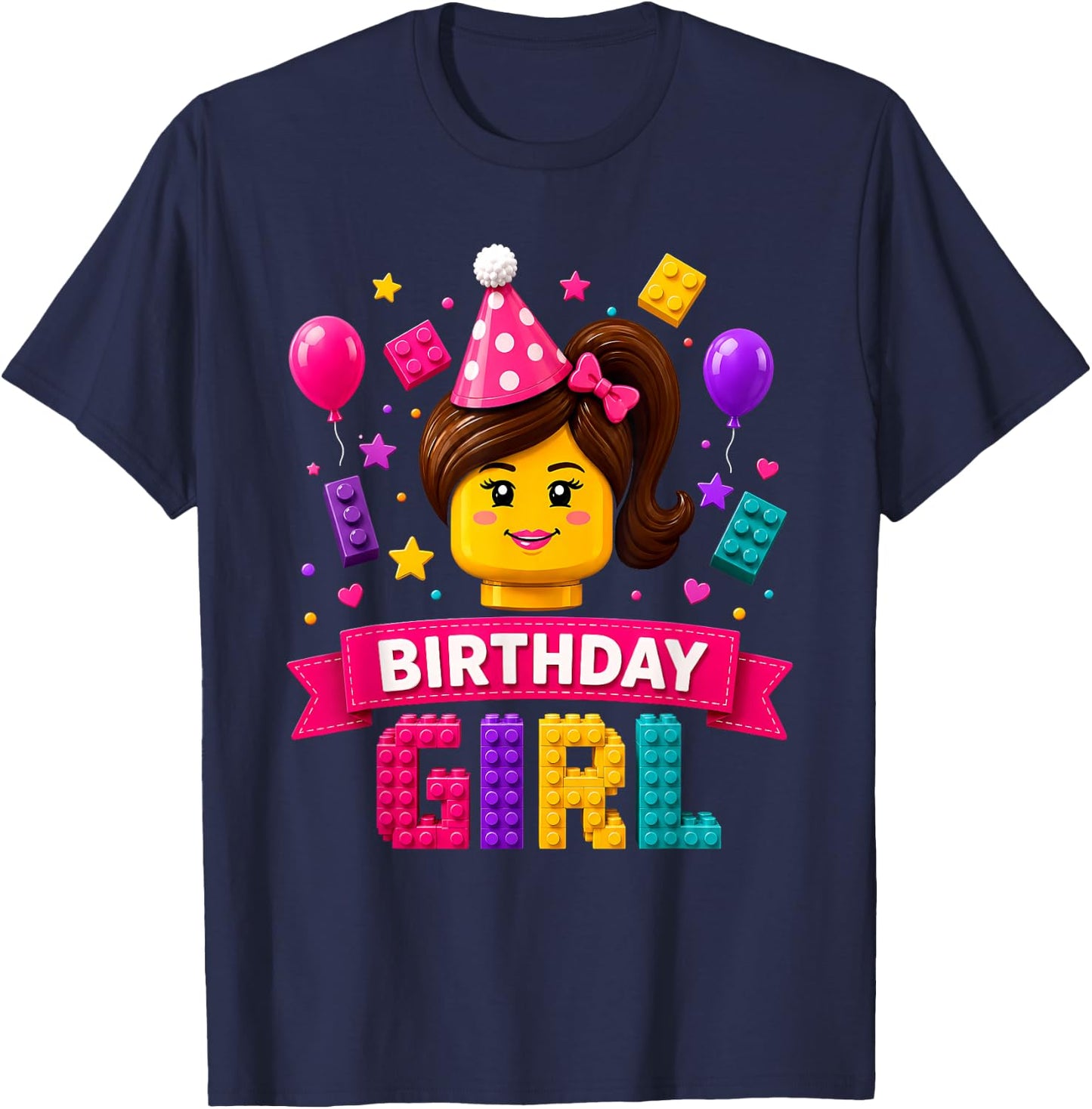 Building Bricks Birthday Girl Party Master Builder Blocks T-Shirt - T-Shirt | Navy