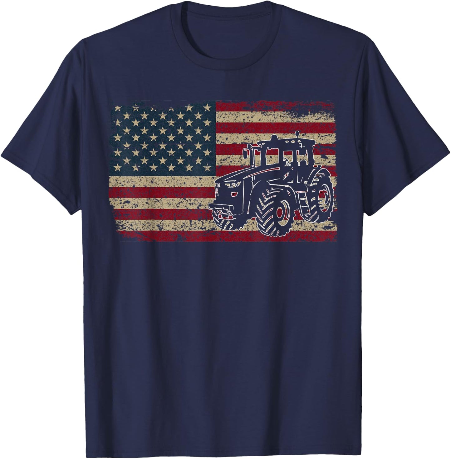 Proud USA Farmer Shirt Men Women Farm Tractors USA Flag Patriotic Farming Gift T-Shirt - T-Shirt | Navy