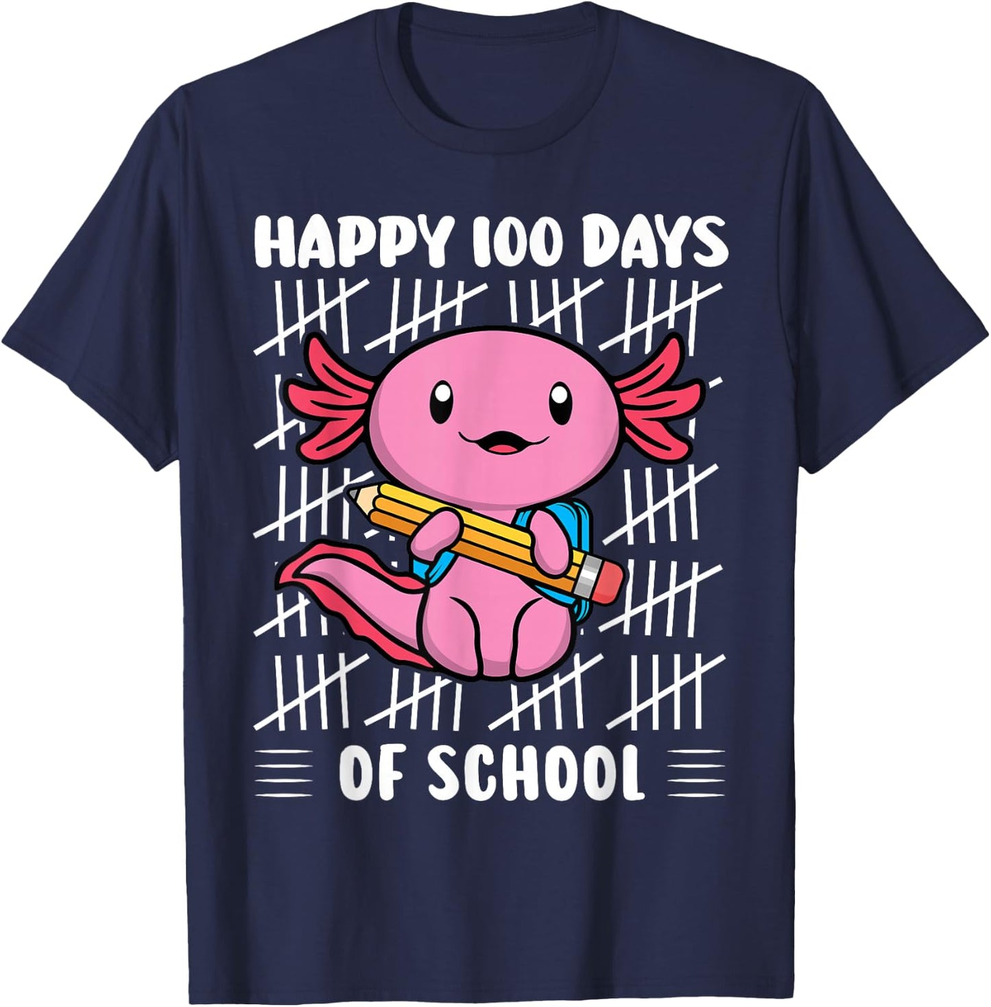 Happy 100 Days of School Cute Axolotl Kindergarten 100th Day T-Shirt - T-Shirt | Navy