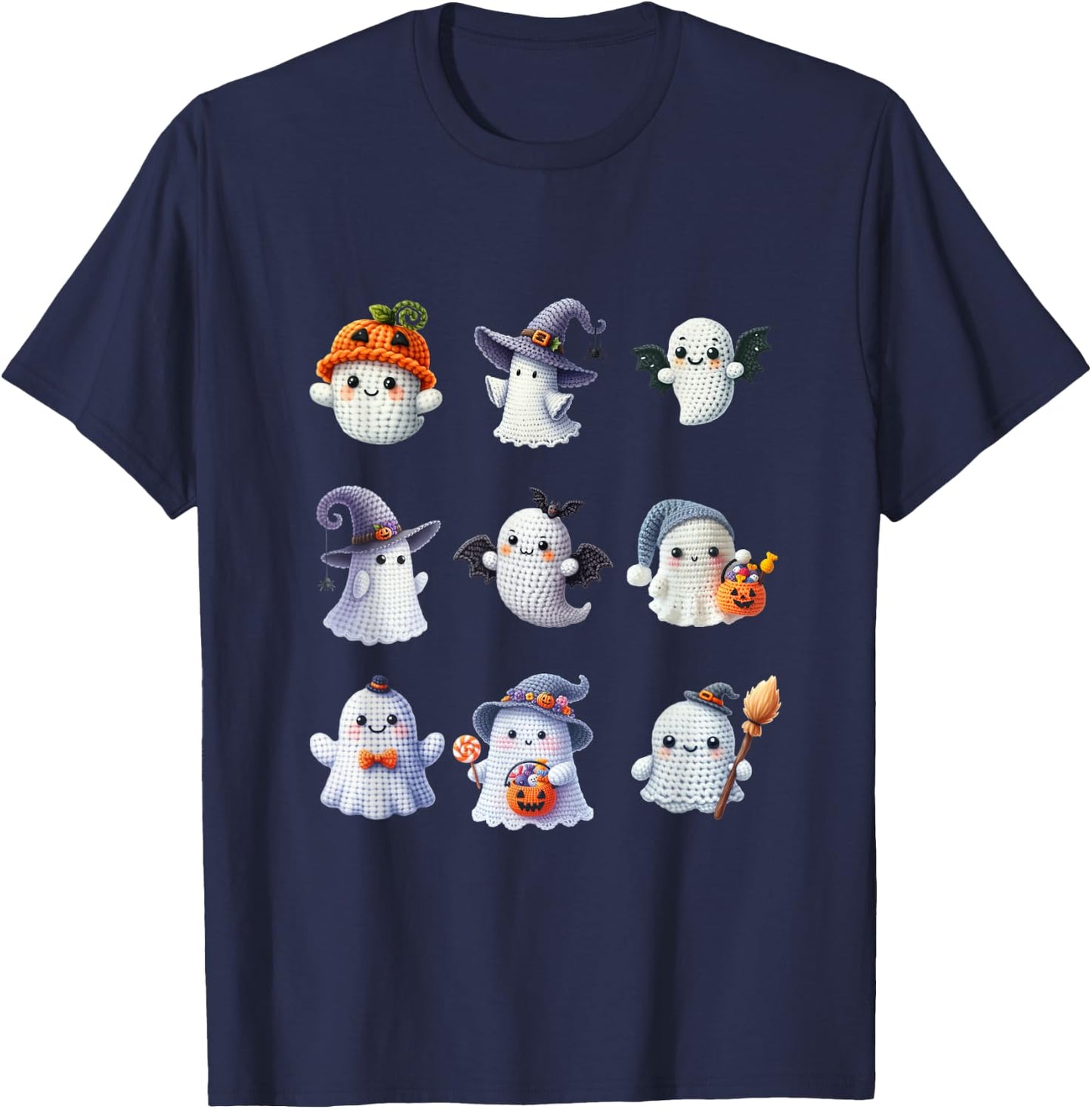 Halloween Crochet Lovers Cute Yarn Ghosts Knitter T-Shirt - T-Shirt | Navy