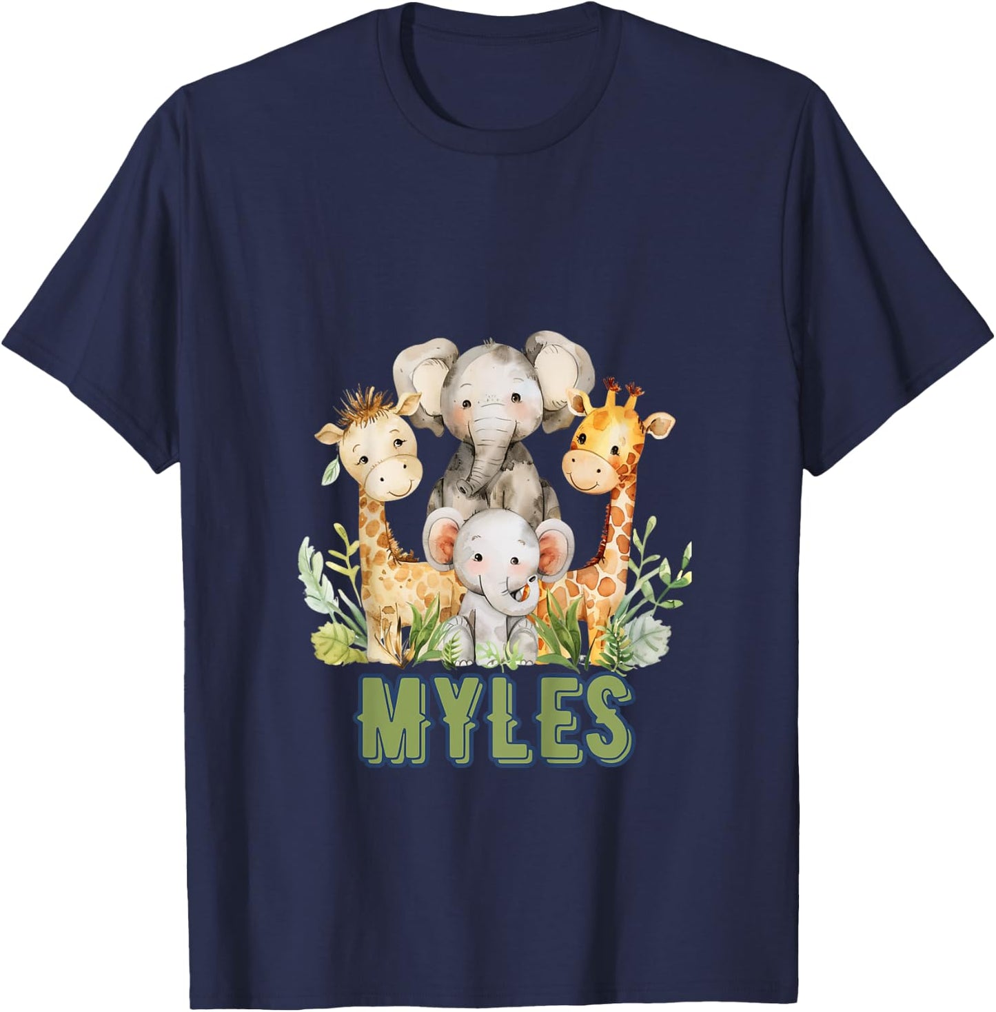 Kids MYLES First Name Safari Nursery Theme Elephant Giraffe Cute T-Shirt - T-Shirt | Navy