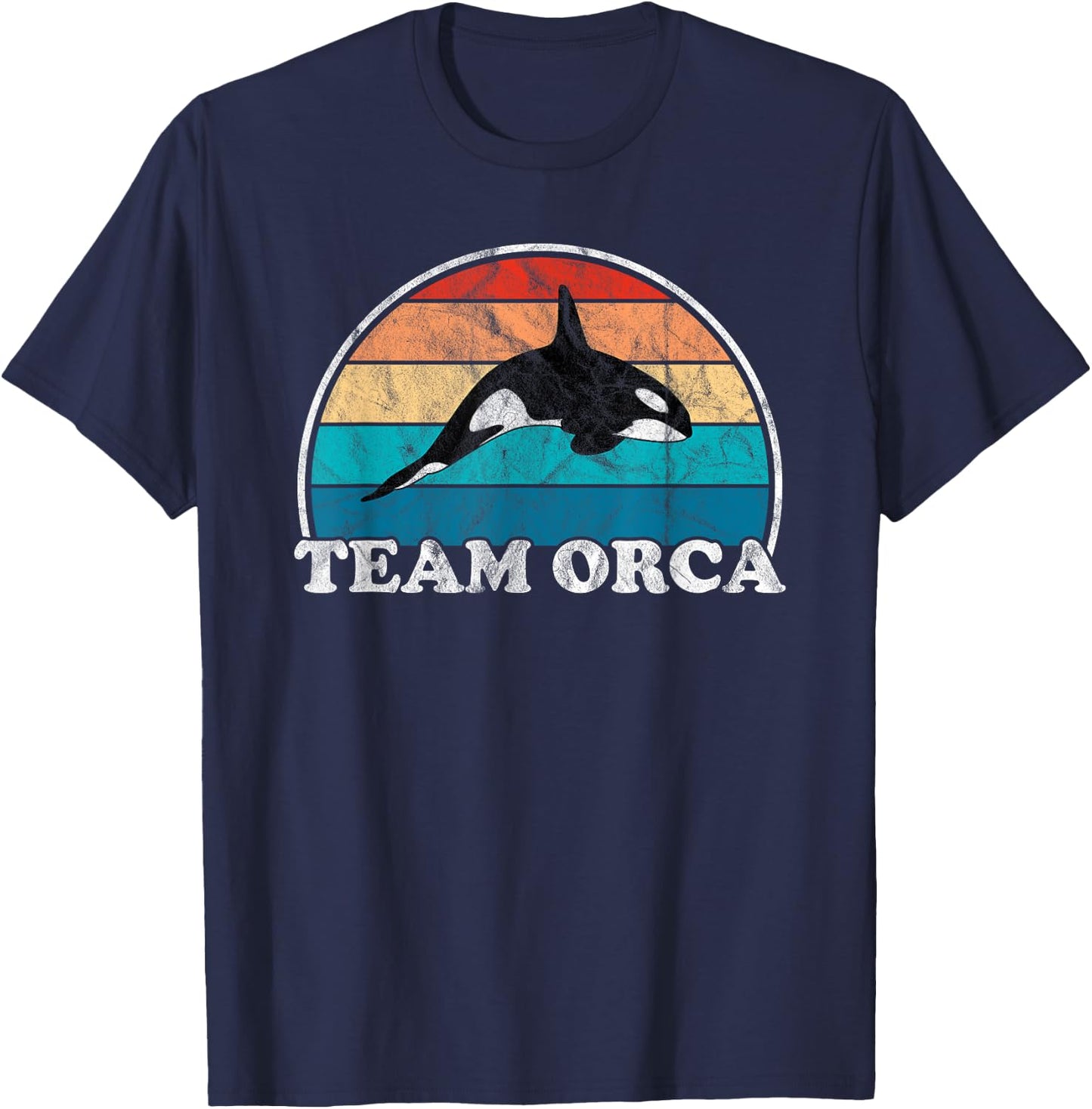 Team Orca - Whale Orcas Sea Ocean Retro Sunset Distressed T-Shirt - T-Shirt | Navy