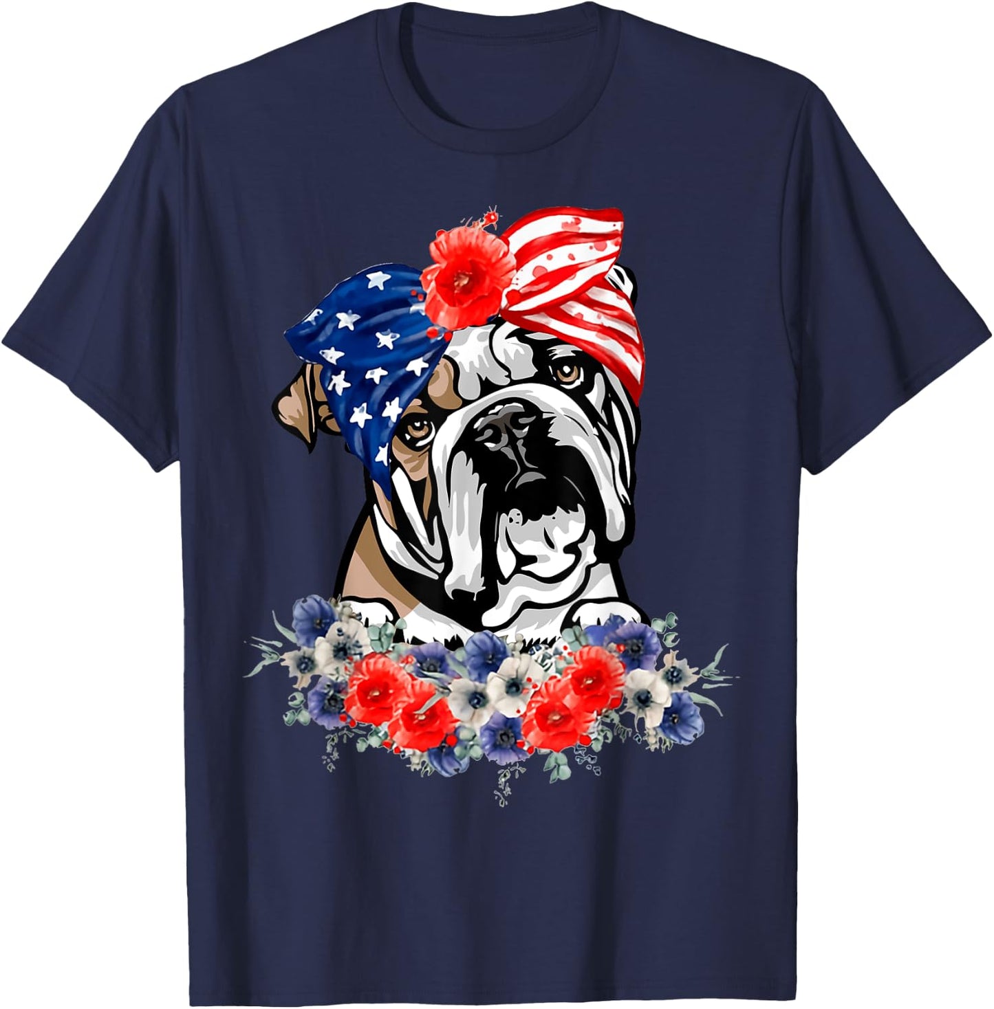 English Bulldog Dog American Flag Patriotic 4th Of July T-Shirt - T-Shirt | Navy