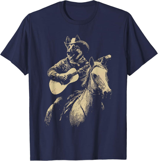 Rustic German Shepherd Cowboy Playing Guitar Western Dog T-Shirt - T-Shirt | Navy