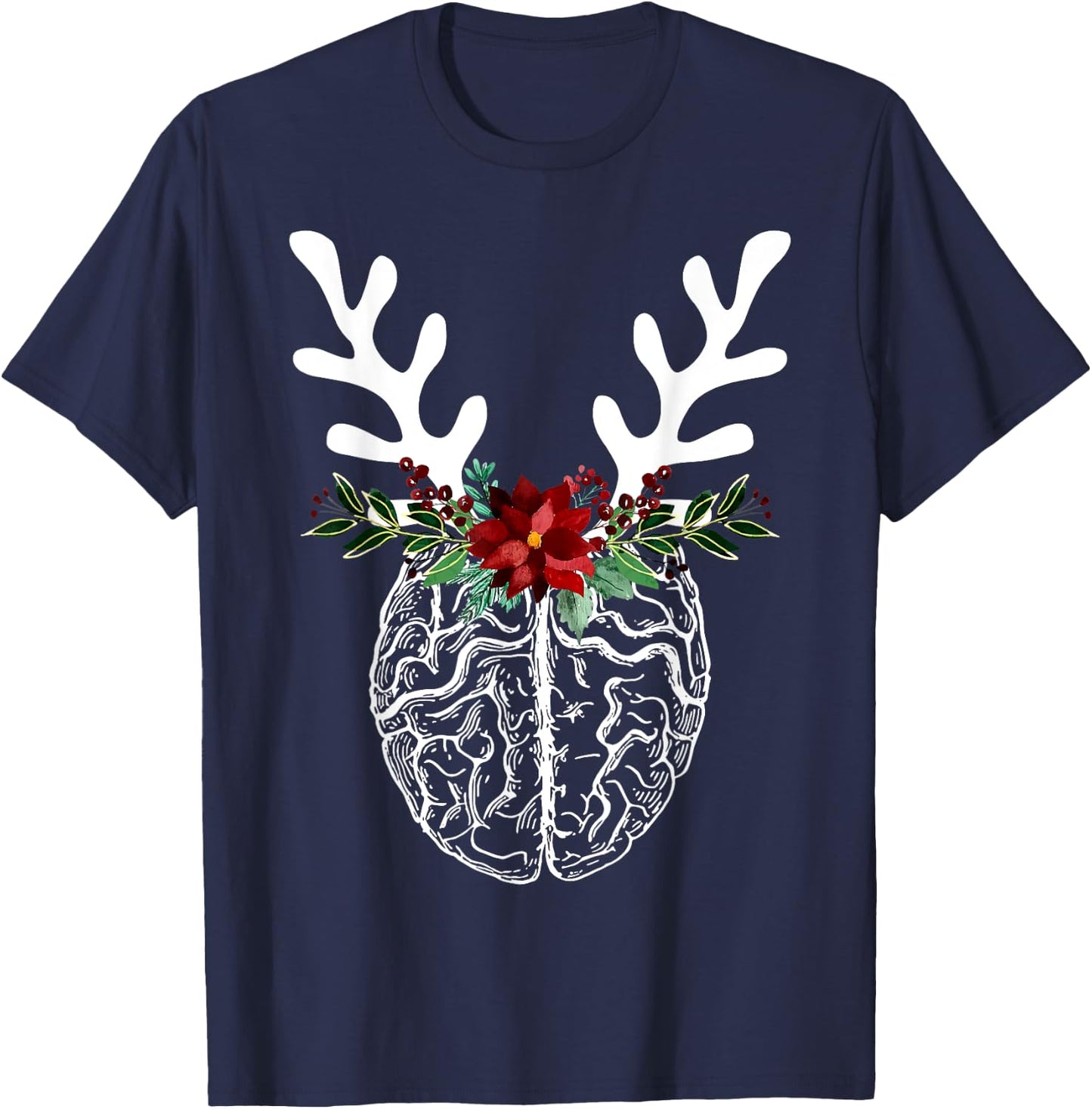 Anatomy Brain Floral Reindeer Christmas Neurology Nurse T-Shirt - T-Shirt | Navy
