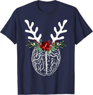 Anatomy Brain Floral Reindeer Christmas Neurology Nurse T-Shirt - T-Shirt | Navy