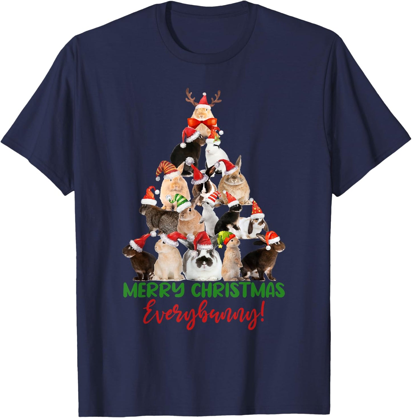 Christmas Tree with Santa Hat Bunnies Cute Holiday T-Shirt - T-Shirt | Navy