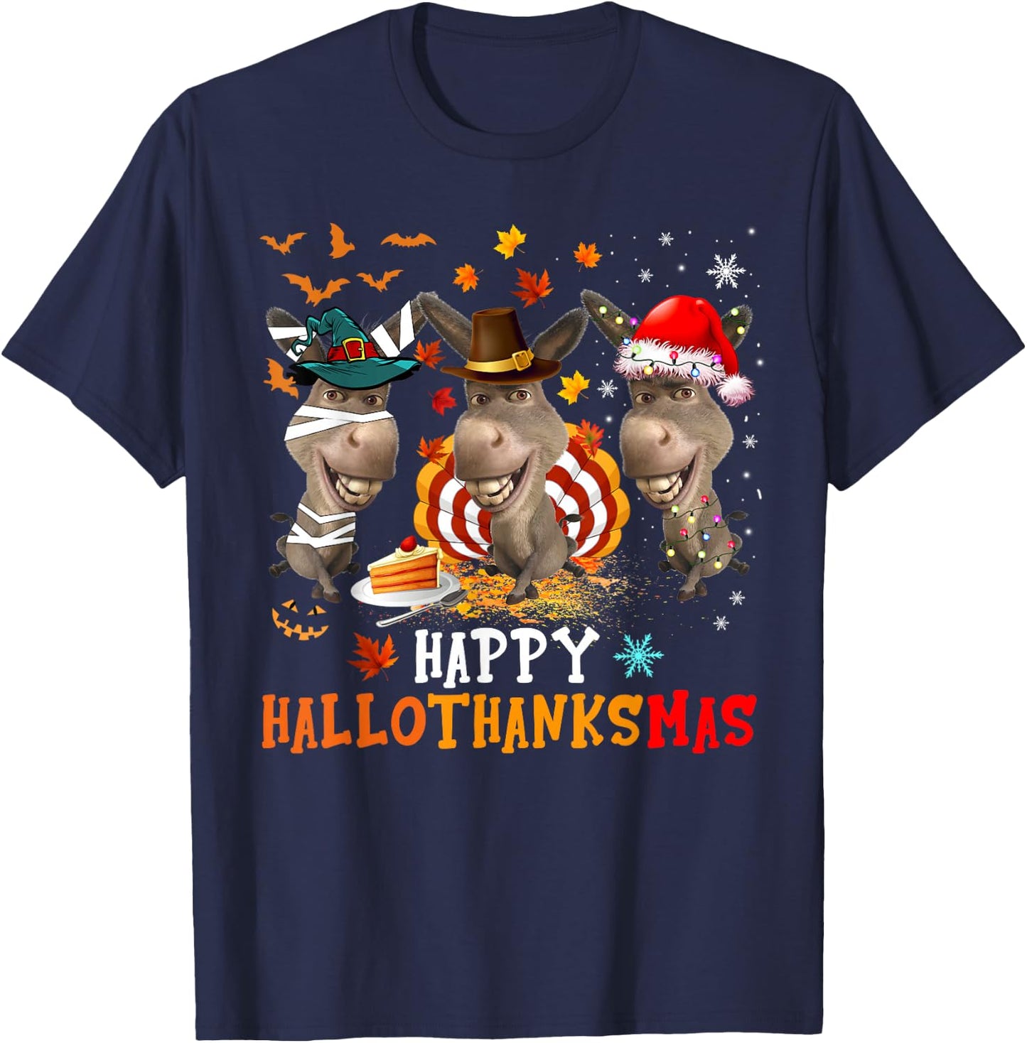 Happy HalloThanksMas Cute Santa Witch Turkey Donkey Farmer T-Shirt - T-Shirt | Navy