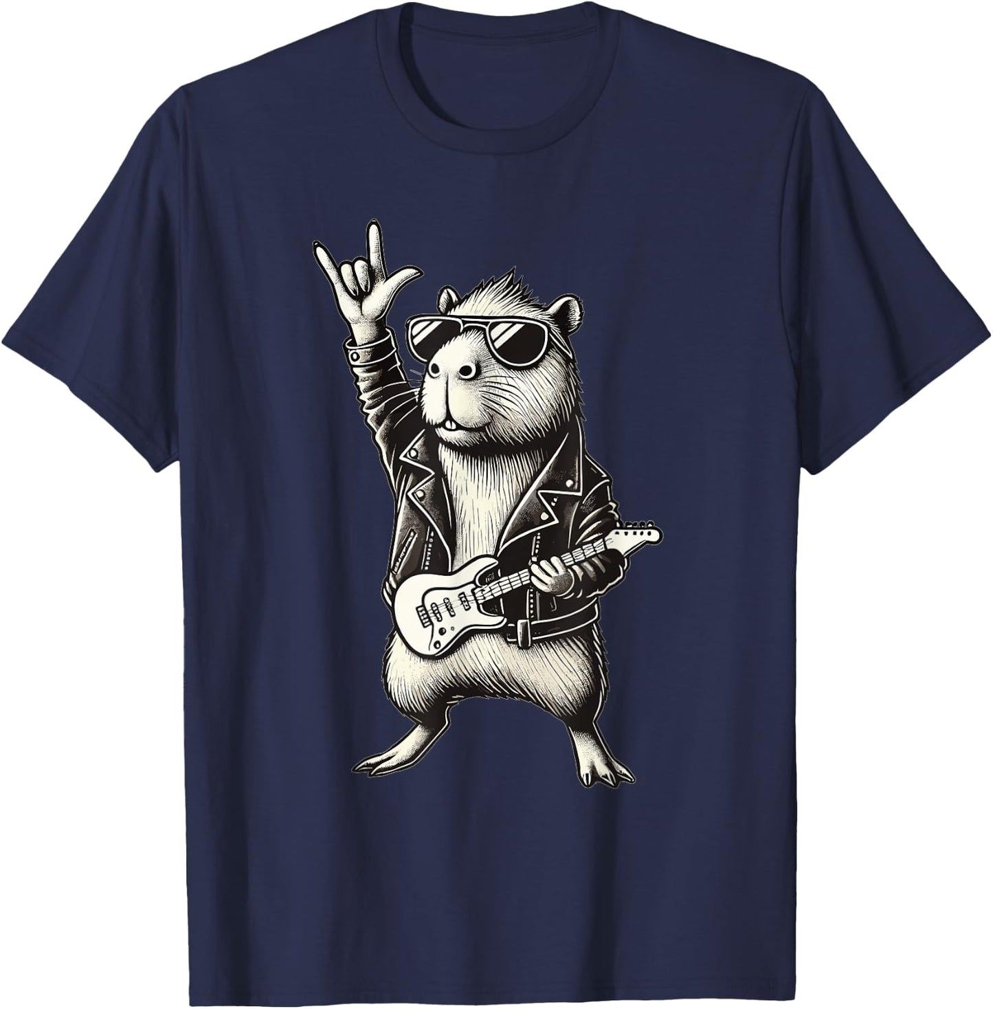 Rock and Heavy Metal Music, Capybara Rocker and Hand Guitar Rock T-Shirt - T-Shirt | Navy