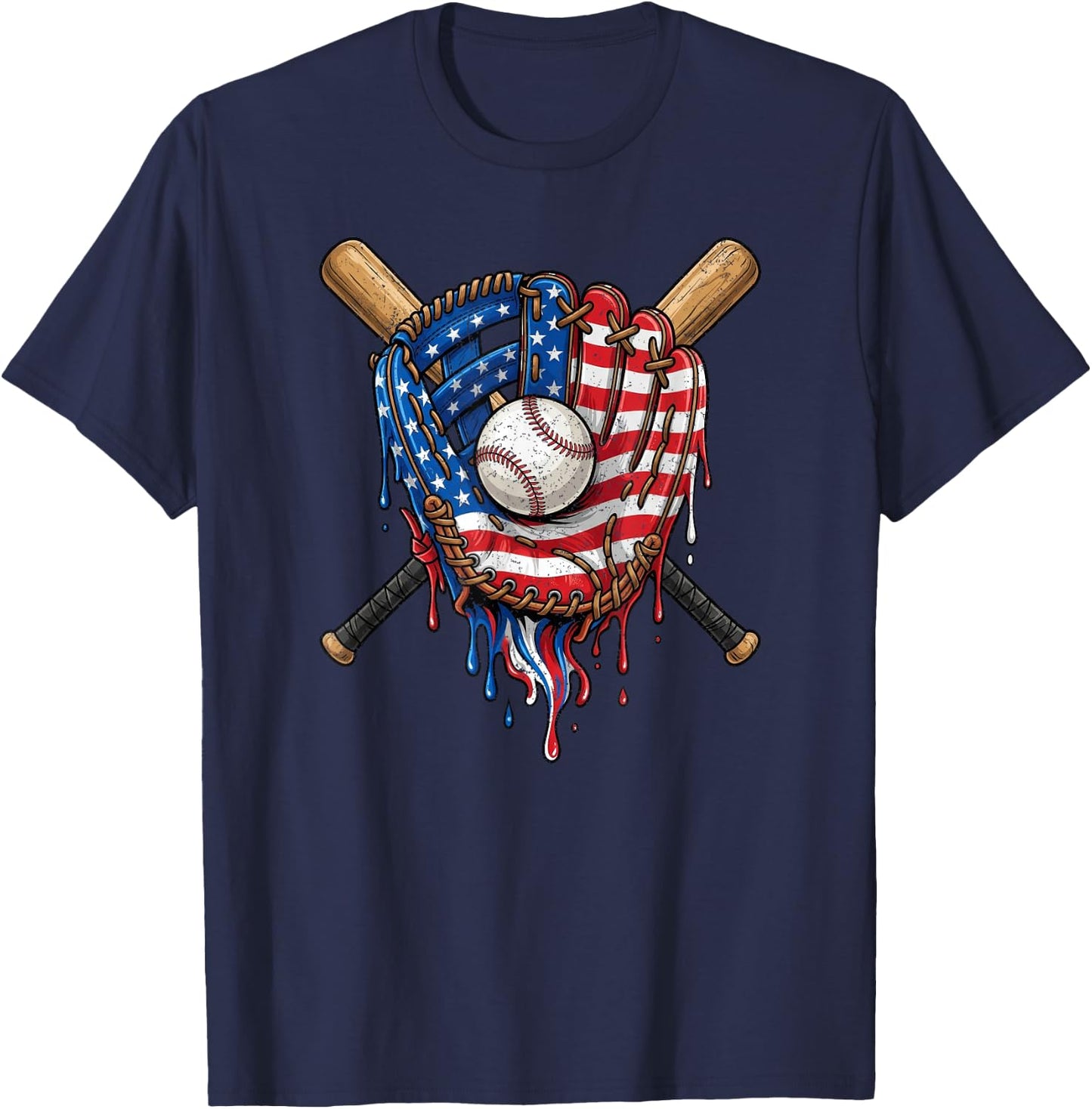 American Flag Baseball Glove Drip T-Shirt - T-Shirt | Navy
