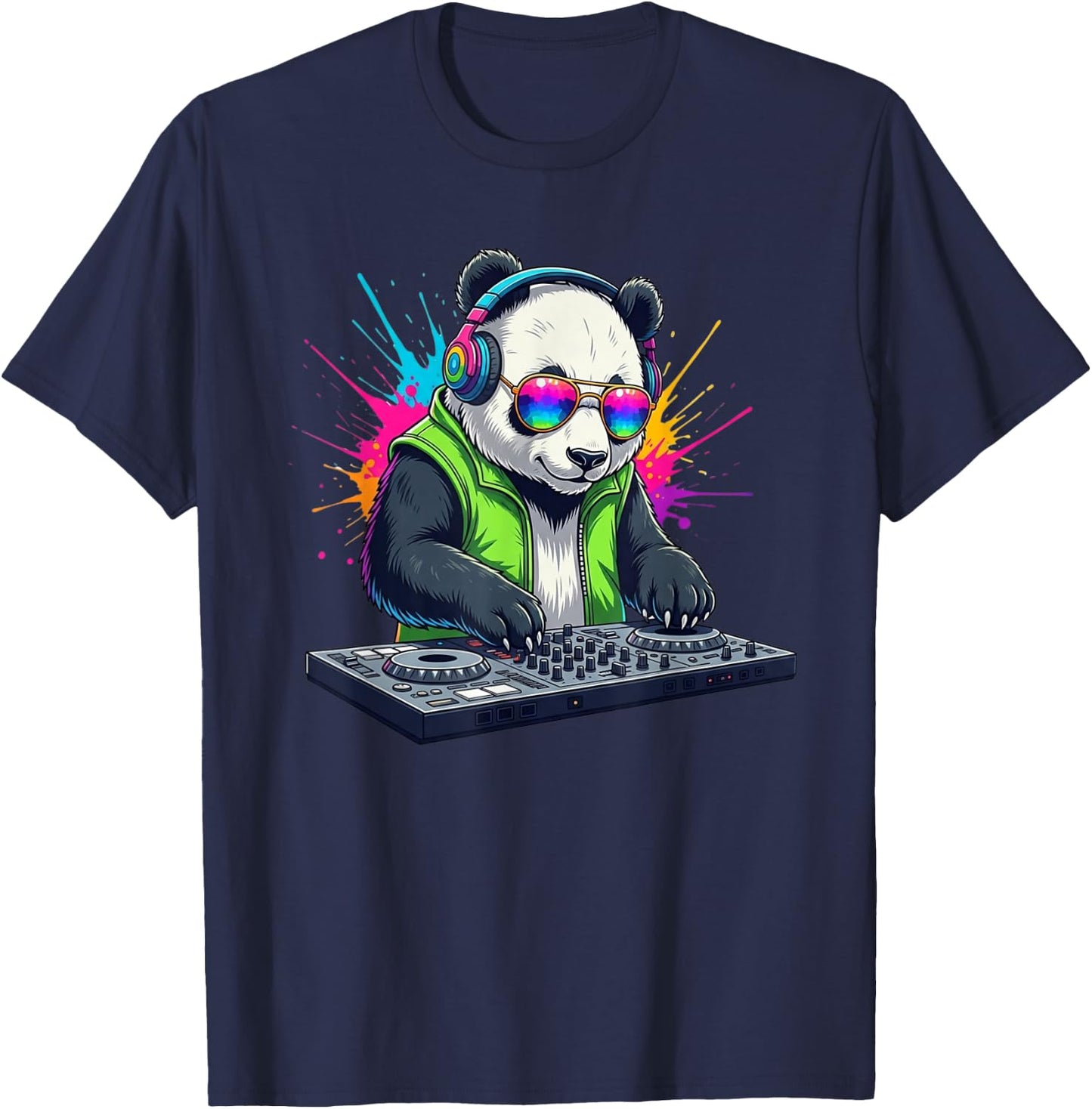 Rainbow DJ Panda with Sunglasses Headphones EDM Music Funny T-Shirt - T-Shirt | Navy