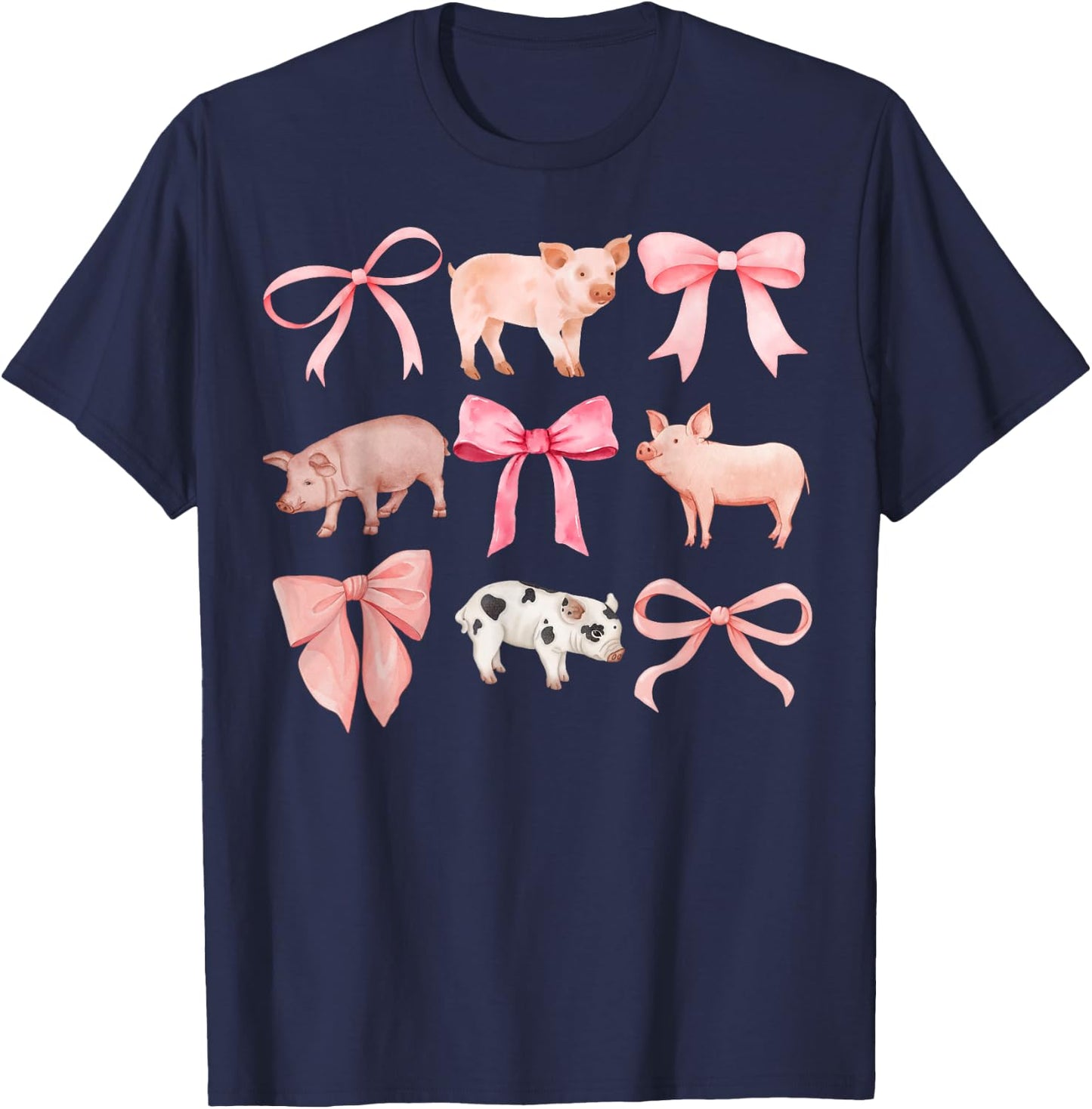 Coquette Pigs, Pigs and Bows, Watercolor, Yorkshires T-Shirt - T-Shirt | Navy