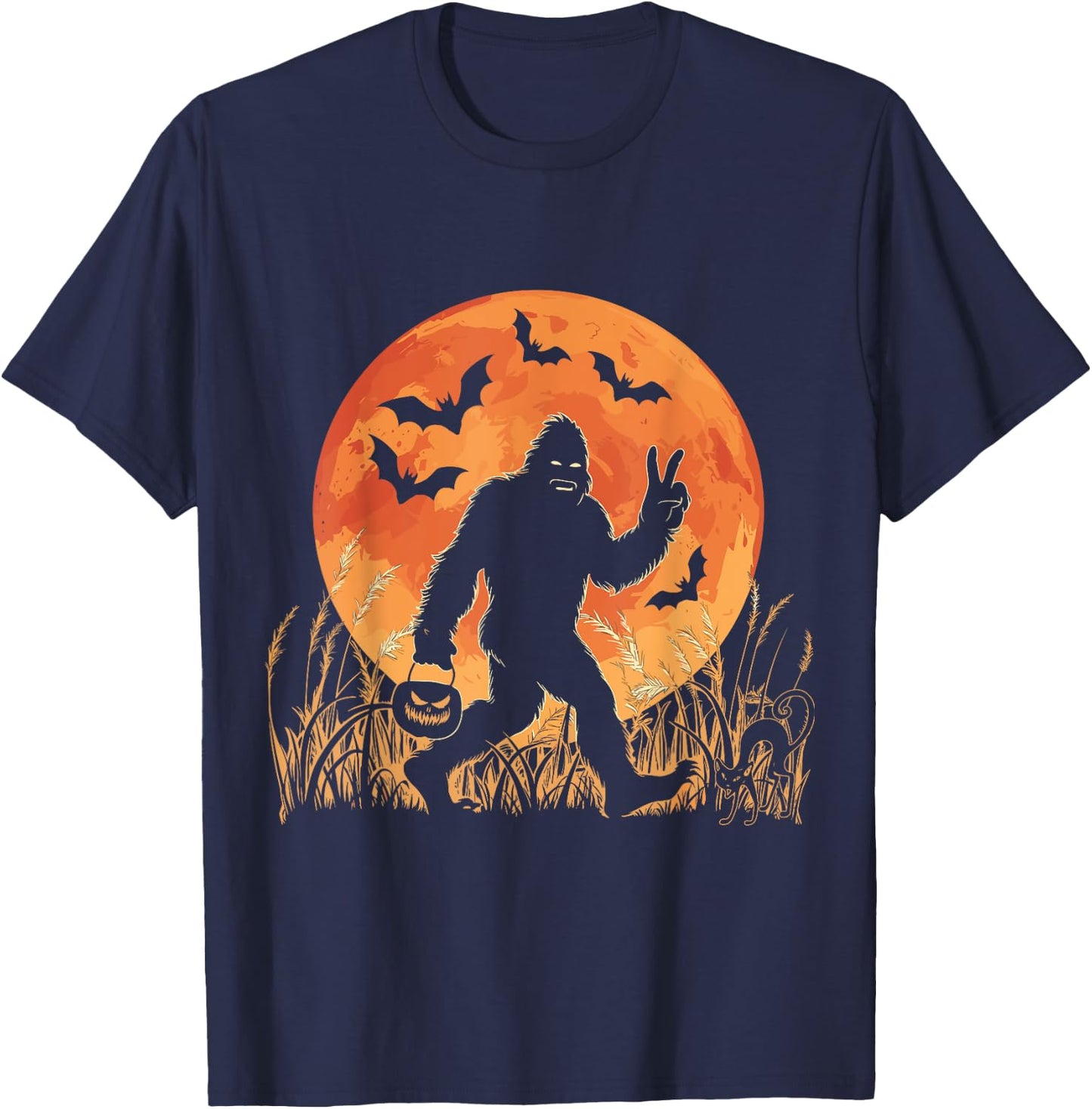 Vintage Bigfoot Pumpkin Halloween Moon Silhouette Sasquatch T-Shirt - T-Shirt | Navy