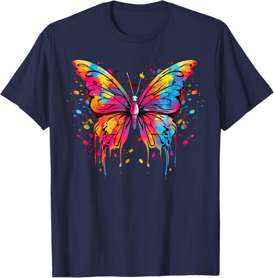 Cool Butterfly on colorful painted Butterfly T-Shirt - T-Shirt | Navy