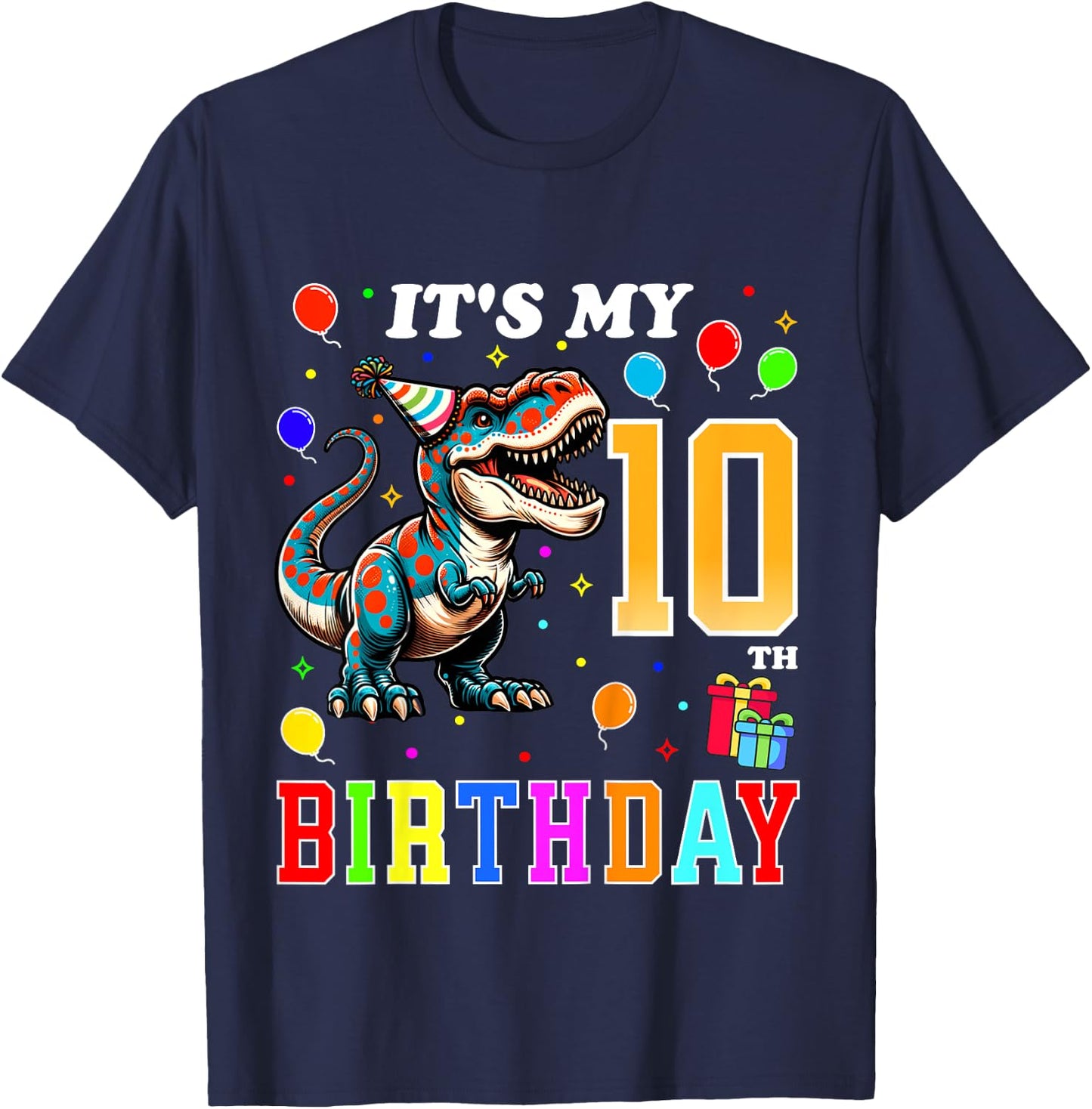 Kids Dinosaur Birthday 10 Year Old 10th Birthday Kids Boys Girls T-Shirt - T-Shirt | Navy