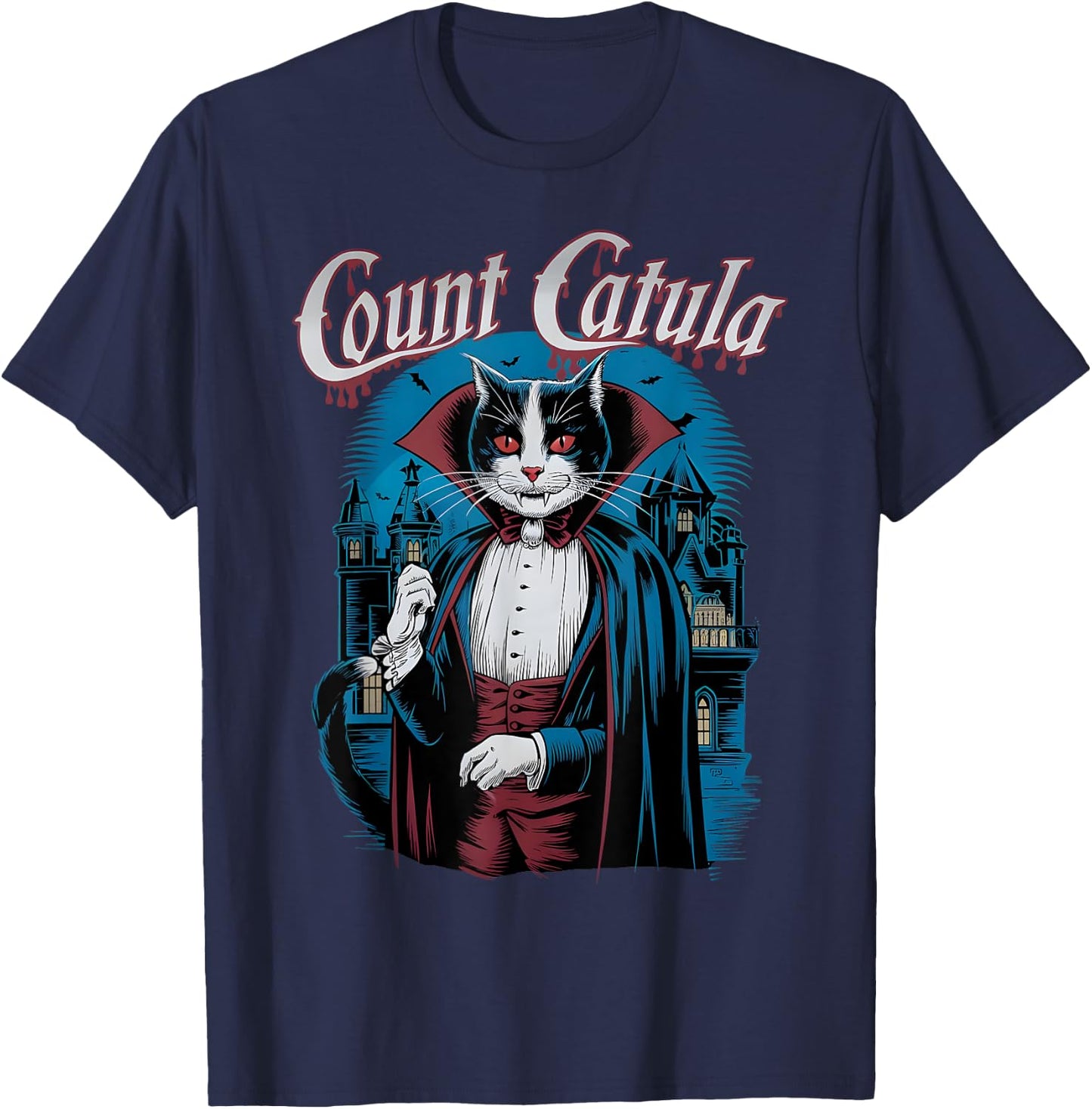 Count Catula Dracula Spooky Horror Vampire Cat Halloween T-Shirt - T-Shirt | Navy