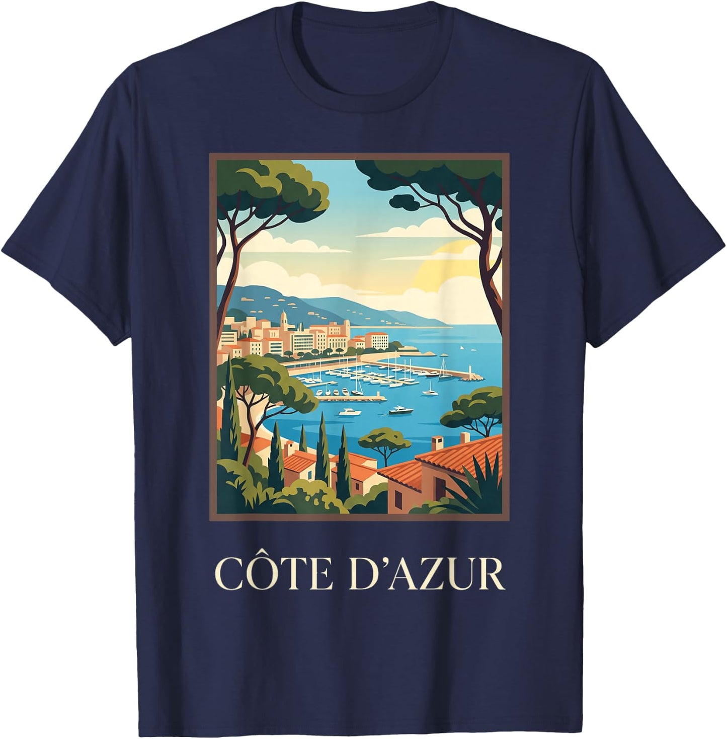 Cote d’Azur French Riviera Coastal Retro Travel Graphic T-Shirt - T-Shirt | Navy