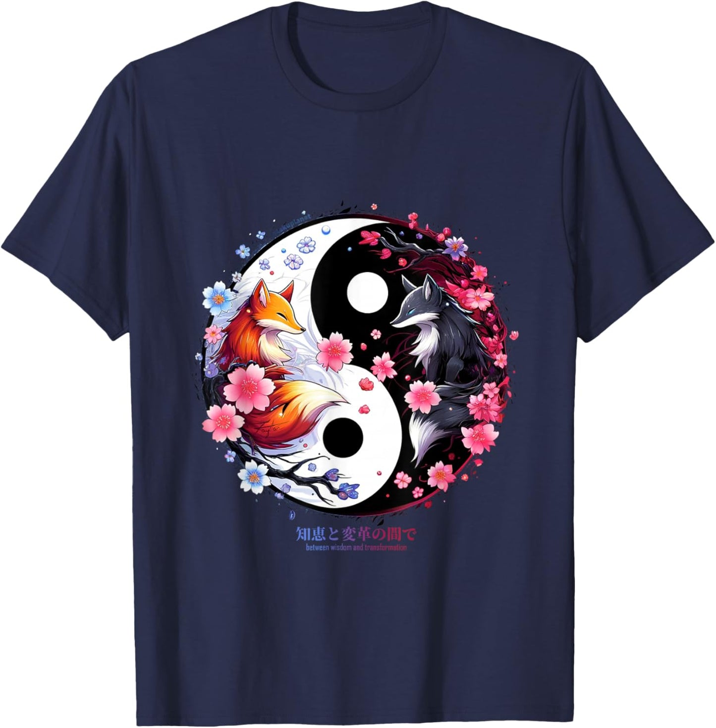 Kitsune Sakura Flower Blossom in Ying Yang Sakura Aesthetic , black T-Shirt - T-Shirt | Navy