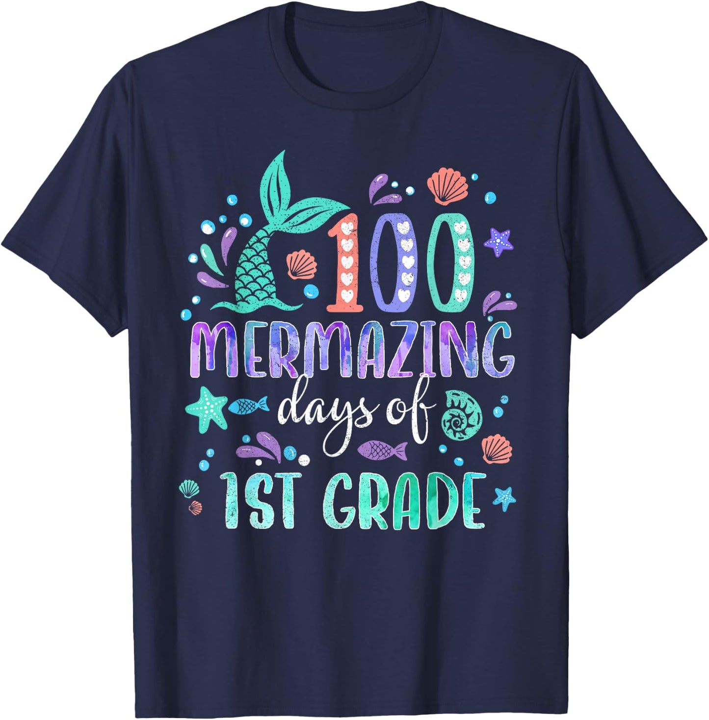 100th Day Mermaid Tail 100 Mermazing Days Of 1st Grade Kids T-Shirt - T-Shirt | Navy