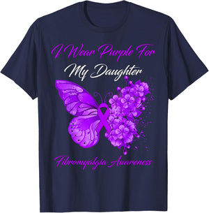 Butterfly I Wear Purple For My Daughter Fibromyalgia Warrior T-Shirt - T-Shirt | Navy
