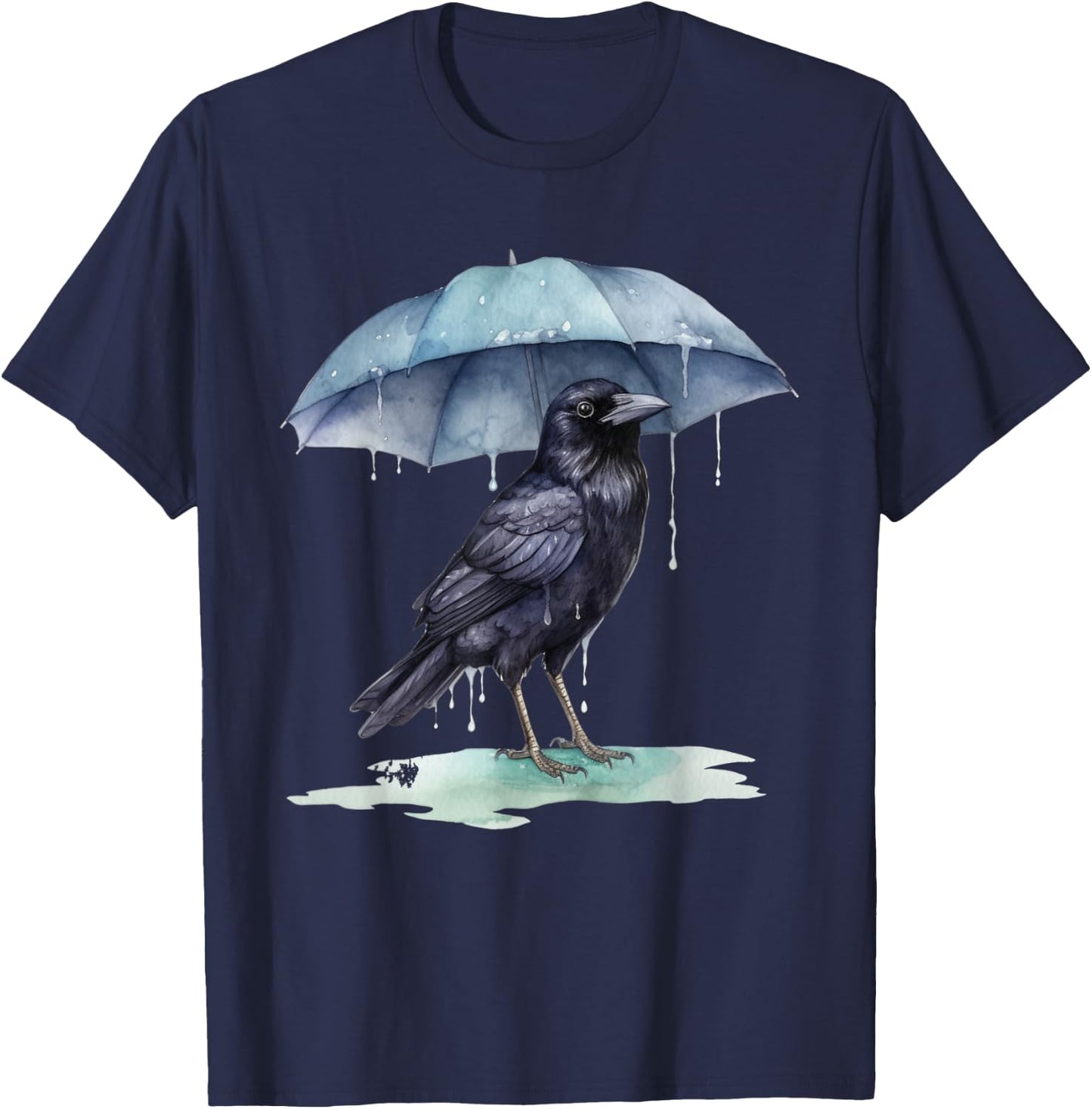 Raven Playing in the Rain With an Umbrella Novelty Apparel T-Shirt - T-Shirt | Navy