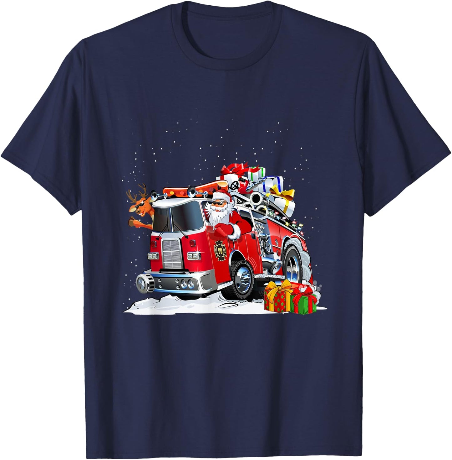 Firefighter Santa Fireman Driving Fire Truck Merry Christmas T-Shirt - T-Shirt | Navy