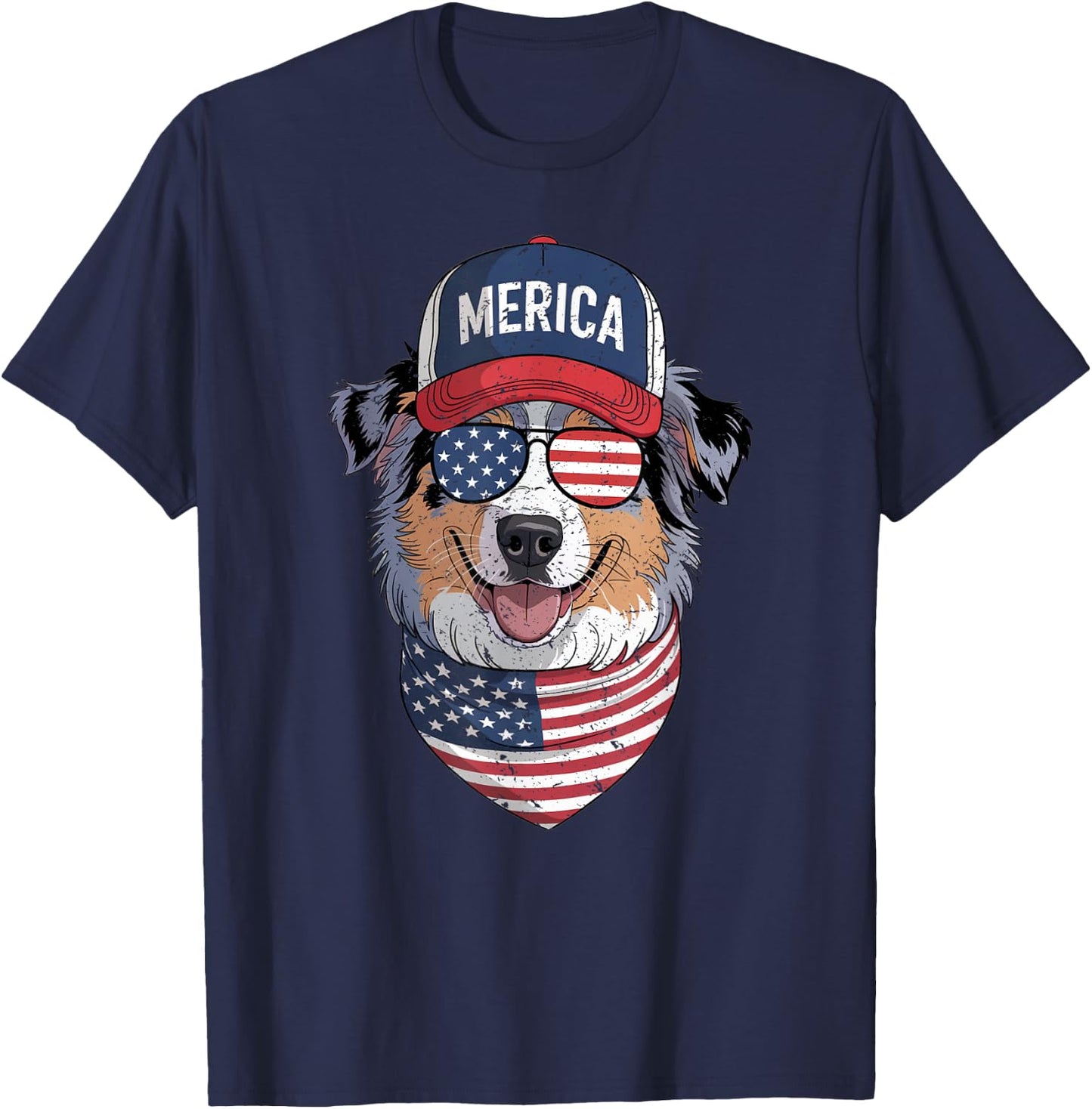 Australian Shepherd 4th of July US American Flag Patriotic T-Shirt - T-Shirt | Navy