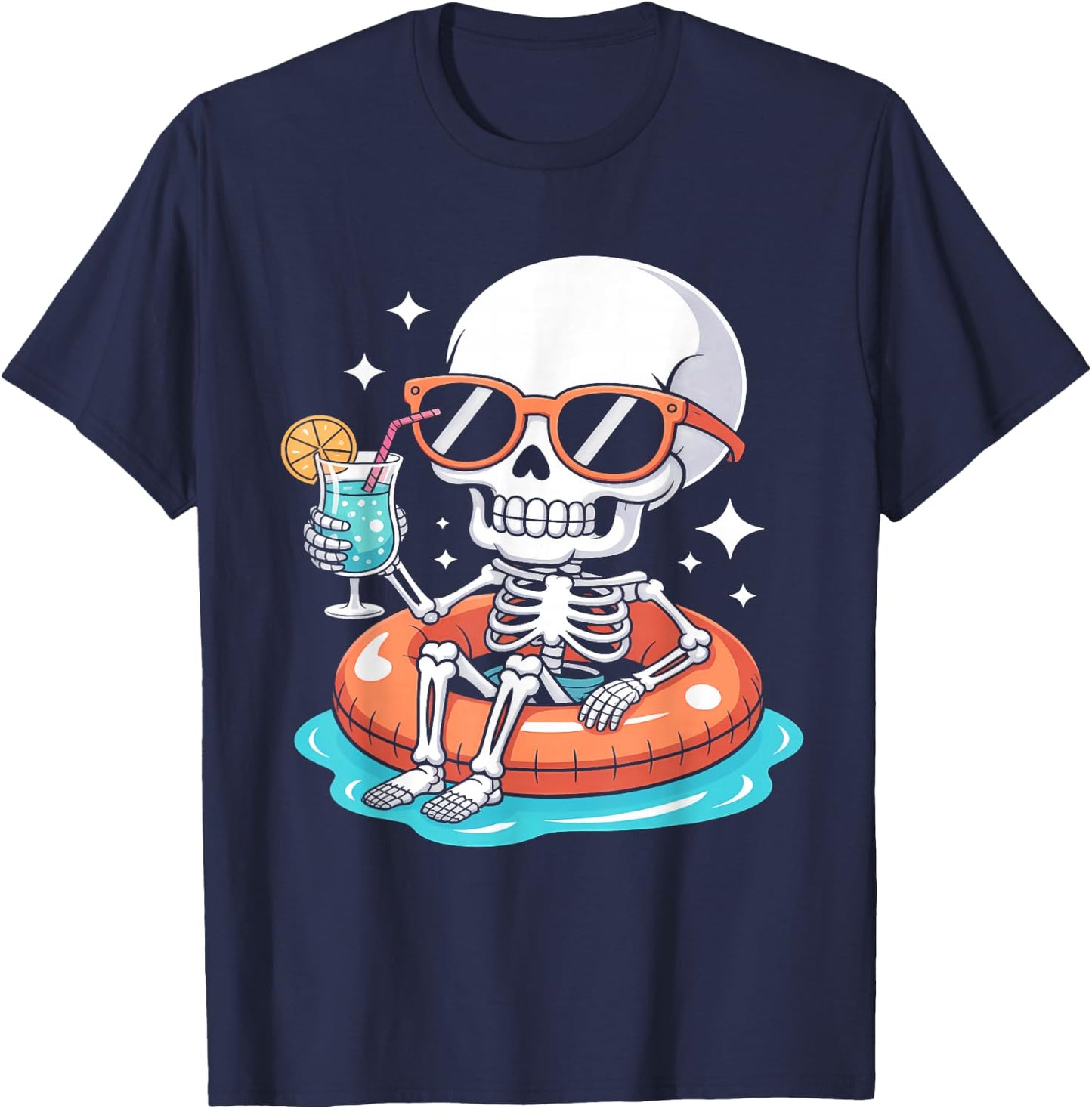 Chillin' Skeleton with Drink Halloween Summerween T-Shirt - T-Shirt | Navy