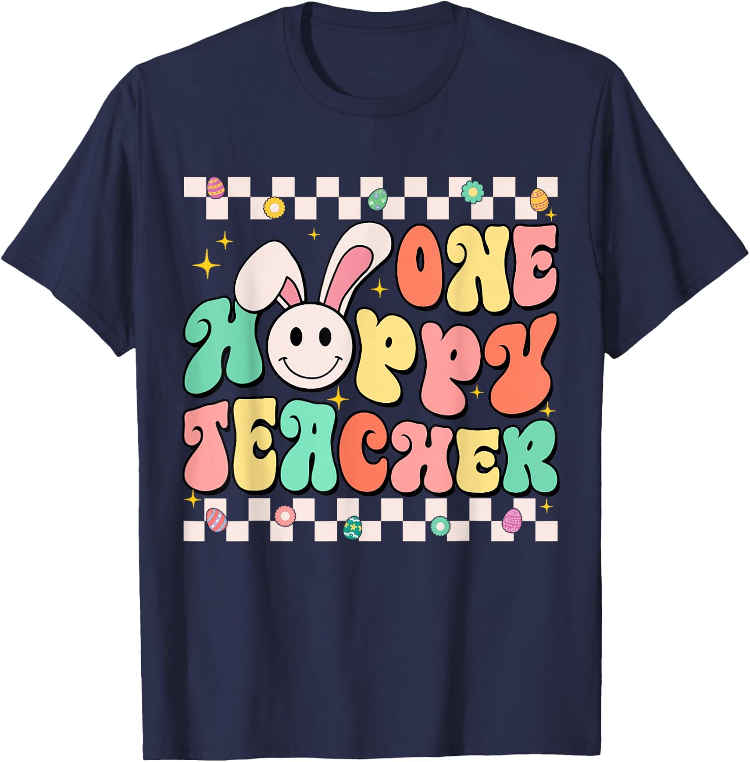 Groovy Retro Teacher Easter Shirt One Hoppy Teacher Boy Girl T-Shirt - T-Shirt | Navy