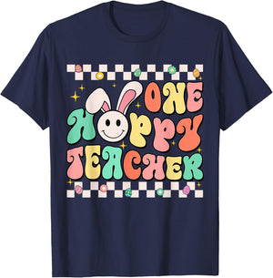 Groovy Retro Teacher Easter Shirt One Hoppy Teacher Boy Girl T-Shirt - T-Shirt | Navy