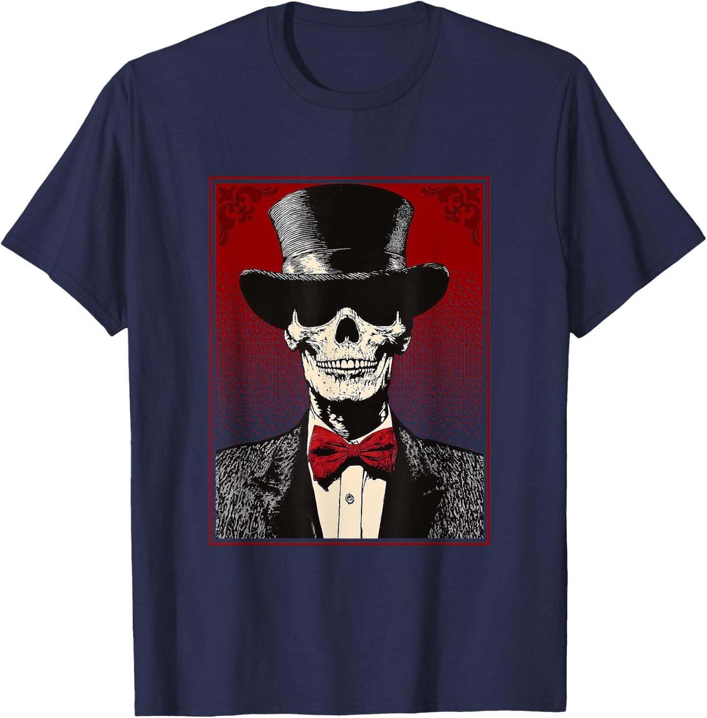 Skull in a Top Hat - Skeleton Wearing Hat and Tie T-Shirt - T-Shirt | Navy