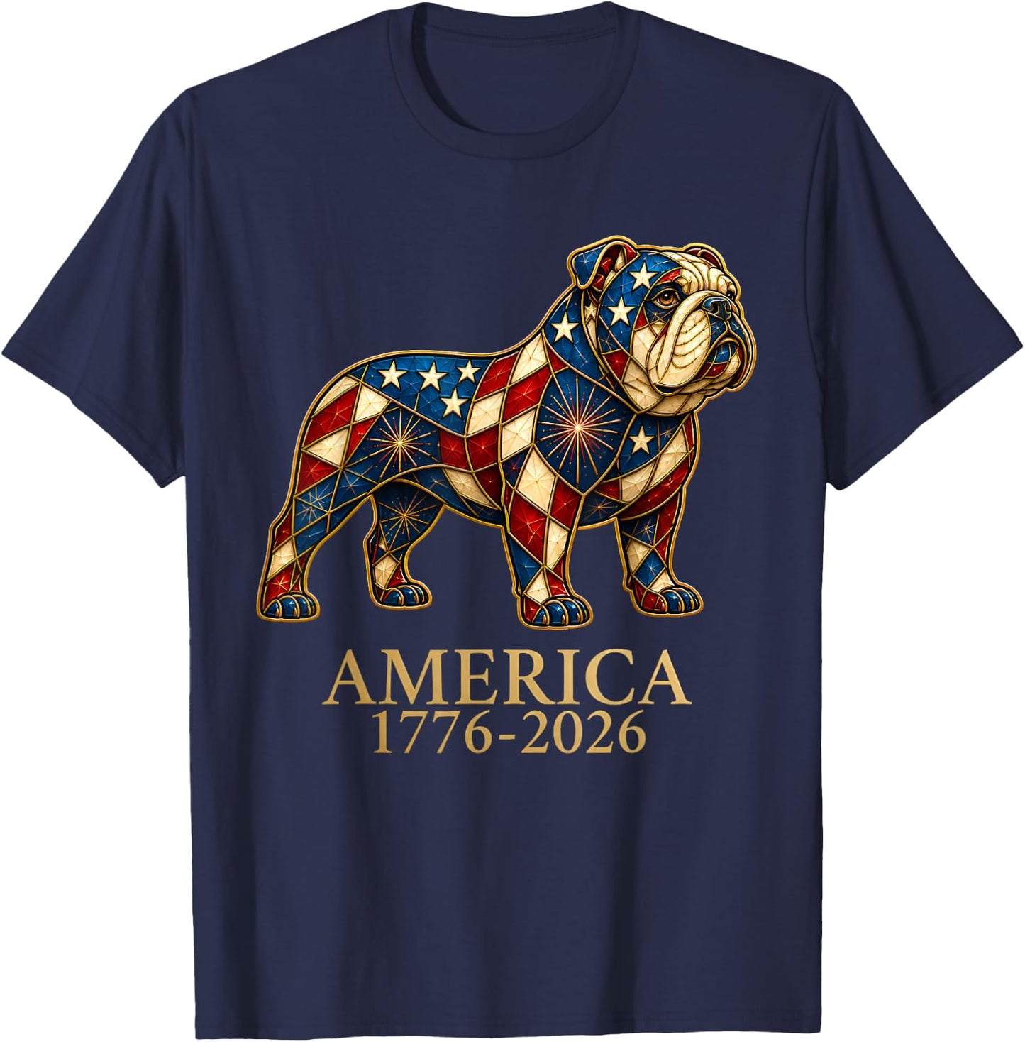English Bulldog Mosaic America 1776-2026 4th of July Dog T-Shirt - T-Shirt | Navy