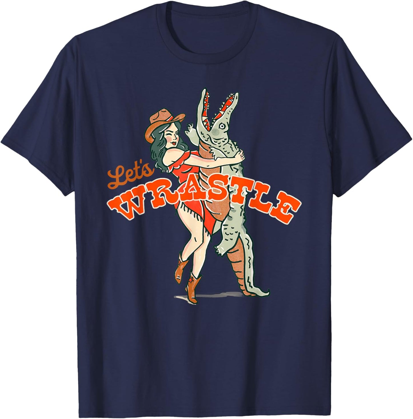 Let's Wrastle: New Orleans Bayou Cowgirl Alligator Wrestling T-Shirt - T-Shirt | Navy