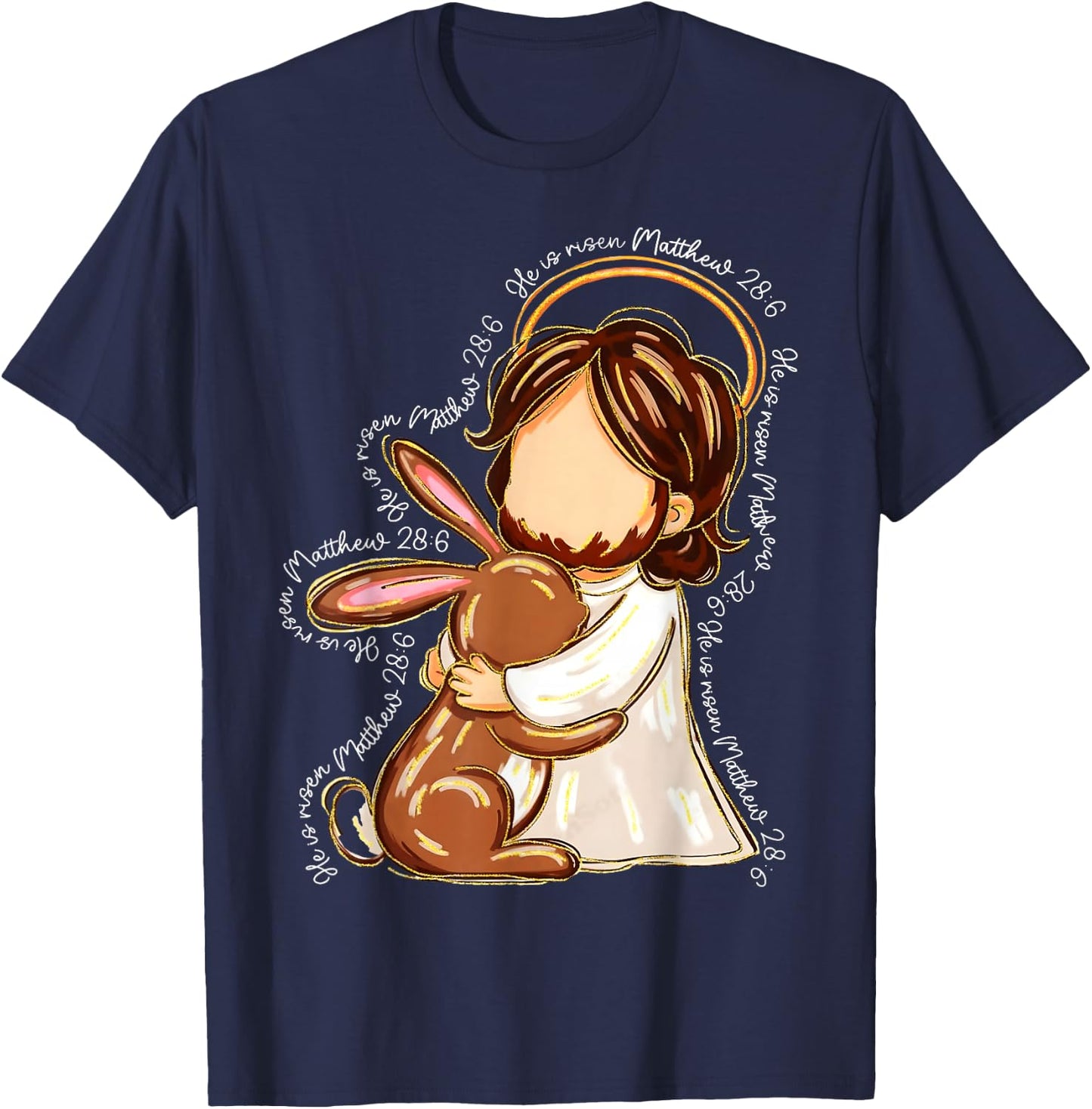 MATTHEW 28:6 Jesus Easter Hugging Bunny Christian Easter T-Shirt - T-Shirt | Navy