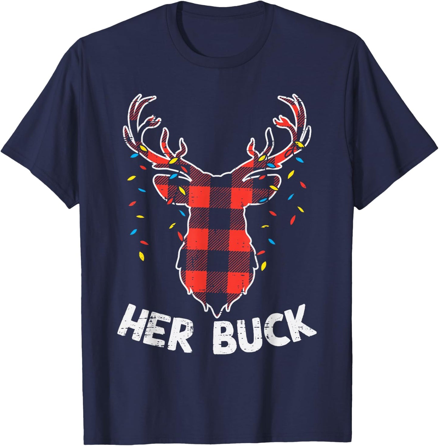 Plaid Reindeer Her Buck Matching Christmas Couple Men PJ T-Shirt - T-Shirt | Navy