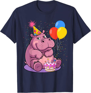 Hippo Wearing A Birthday Hat With Party Balloons Par T-Shirt - T-Shirt | Navy