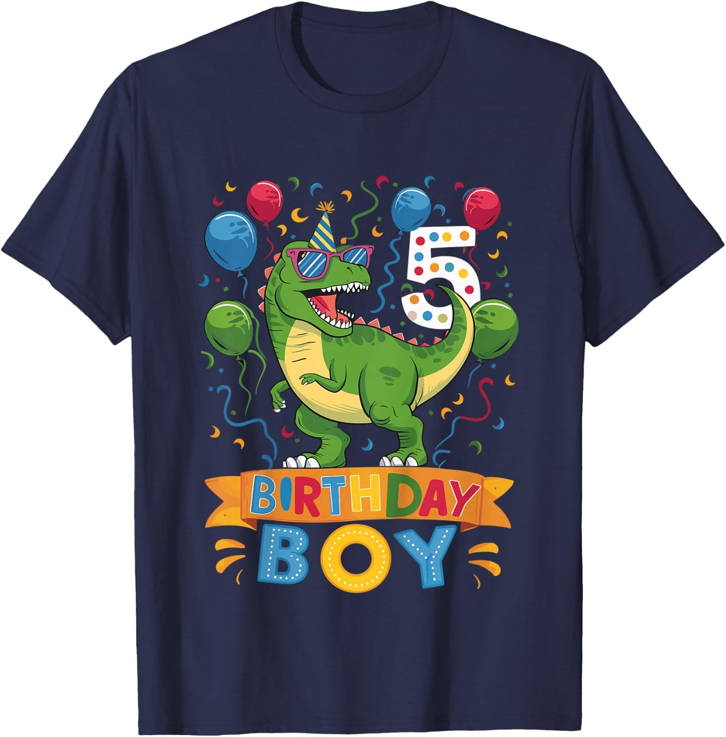 Kids 5 Year Old T Rex Dinosaur 5nd Birthday Boy T-Shirt - T-Shirt | Navy