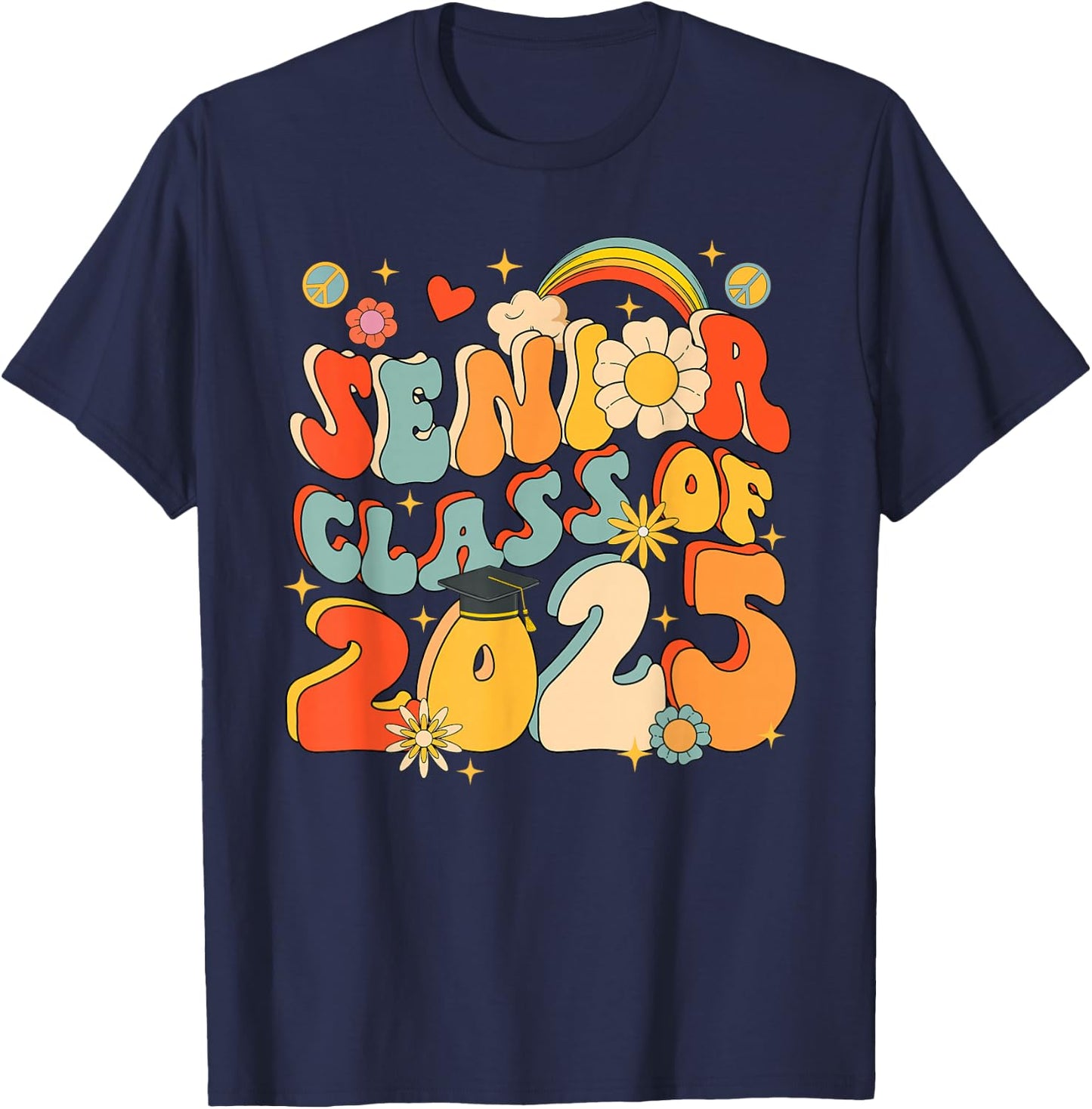 Senior 25 Class Of 2025 Graduation School Retro Groovy T-Shirt - T-Shirt | Navy