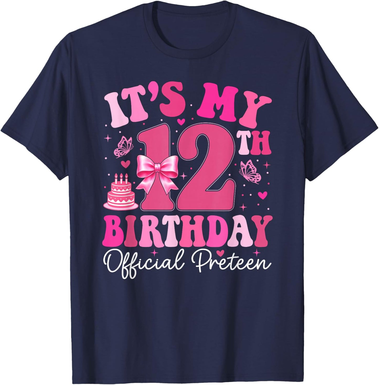 12th Birthday Girl Outfit Pink Coquette Bow 12 Year Old T-Shirt - T-Shirt | Navy