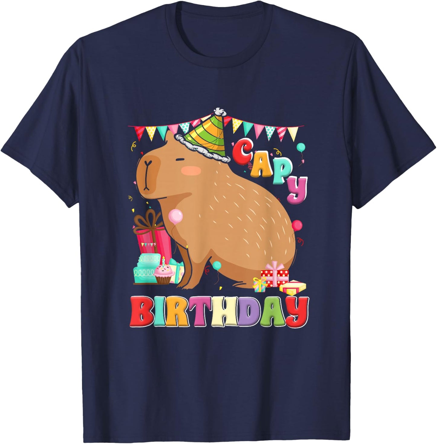 Capy Birthday Capybara Rodent Birthday Party - Children, Teenagers, Capybara Fans, Birthday Party - Children - Black - S - Cartoon - Capybara Birthday Shirt T-Shirt - T-Shirt | Navy