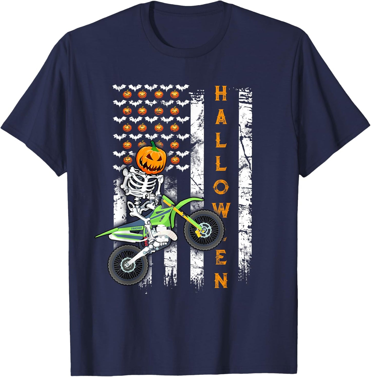 US Flag Skeleton Dirt Bike Halloween Motocross Biker T-Shirt - T-Shirt | Navy