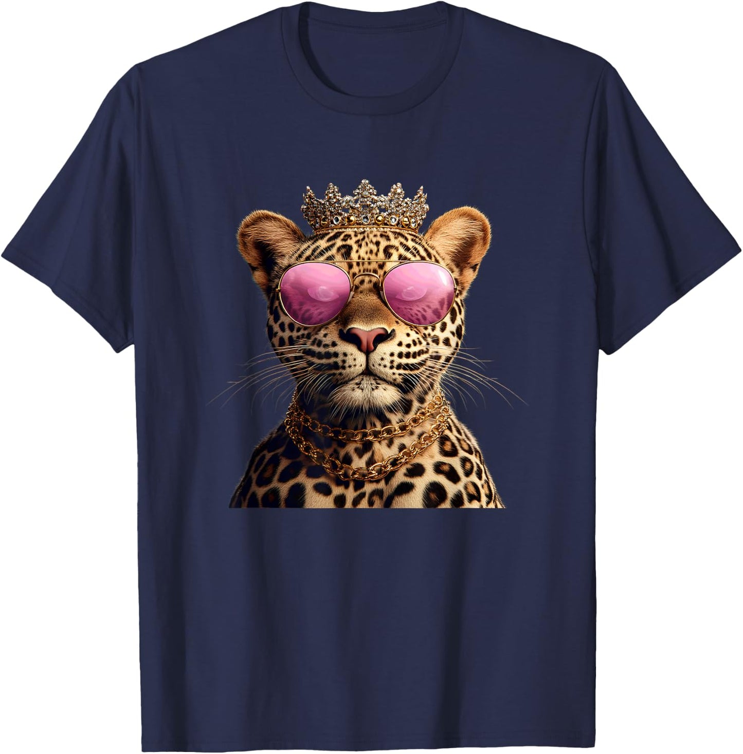 Crowned Leopard With Sunglasses And Chains T-Shirt - T-Shirt | Navy
