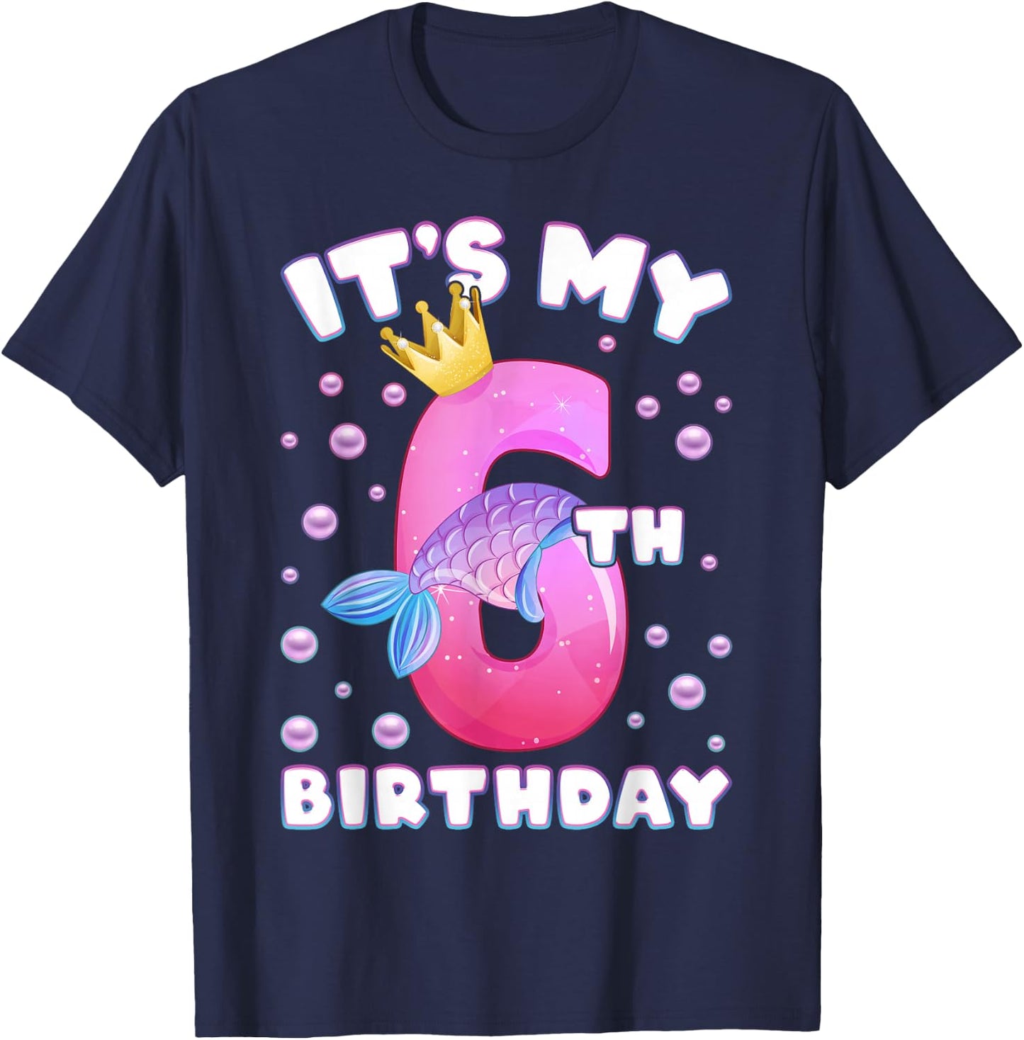 6th Birthday, Girl, Mermaid Fin, Number 6 T-Shirt - T-Shirt | Navy