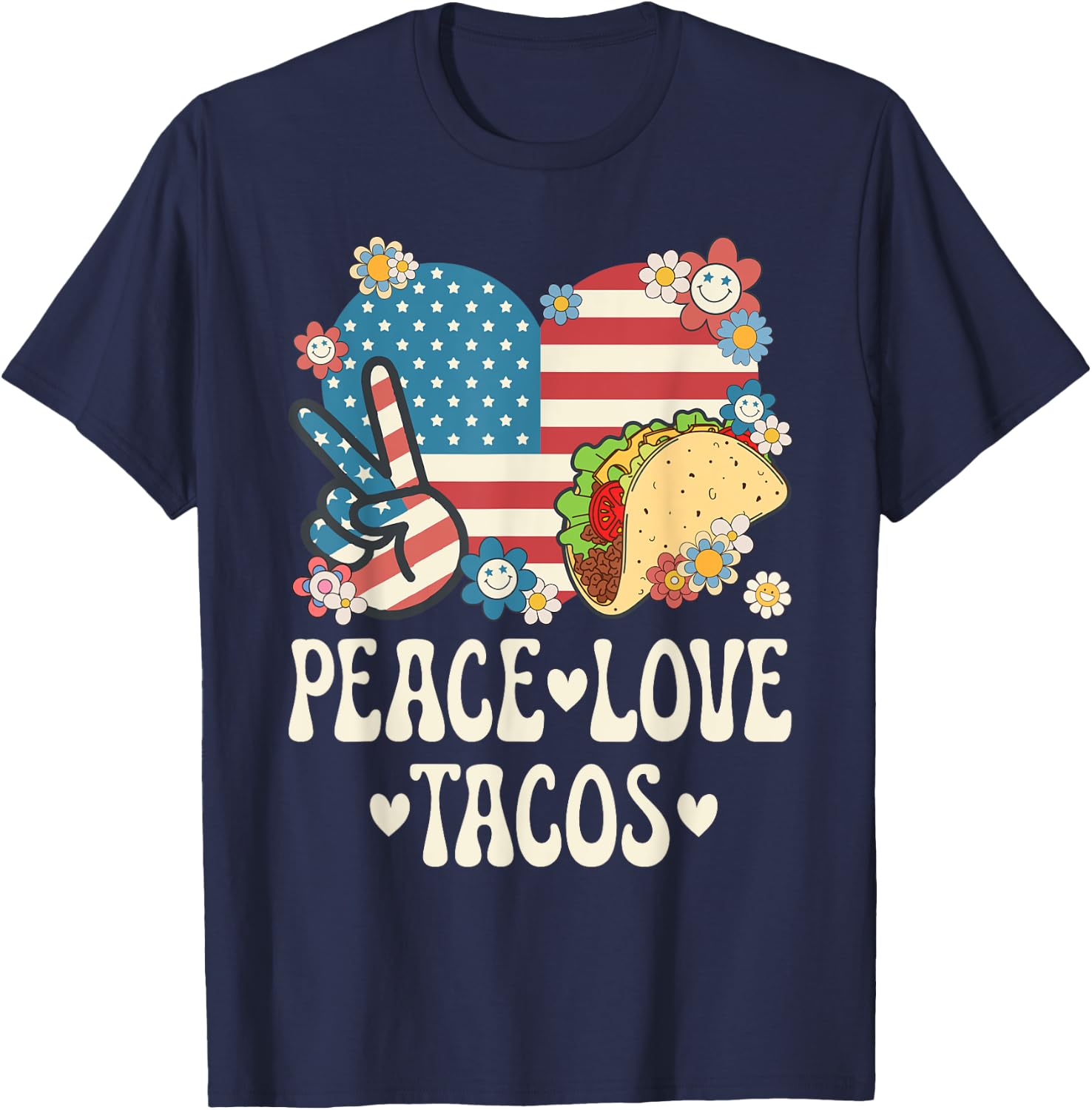 Peace Love Tacos American Flag Taco Tuesday Retro Taco Lover T-Shirt - T-Shirt | Navy