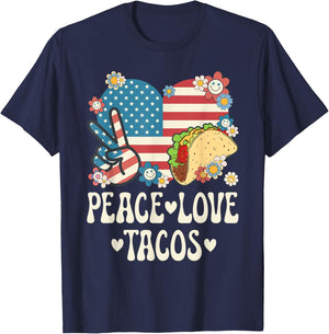 Peace Love Tacos American Flag Taco Tuesday Retro Taco Lover T-Shirt - T-Shirt | Navy