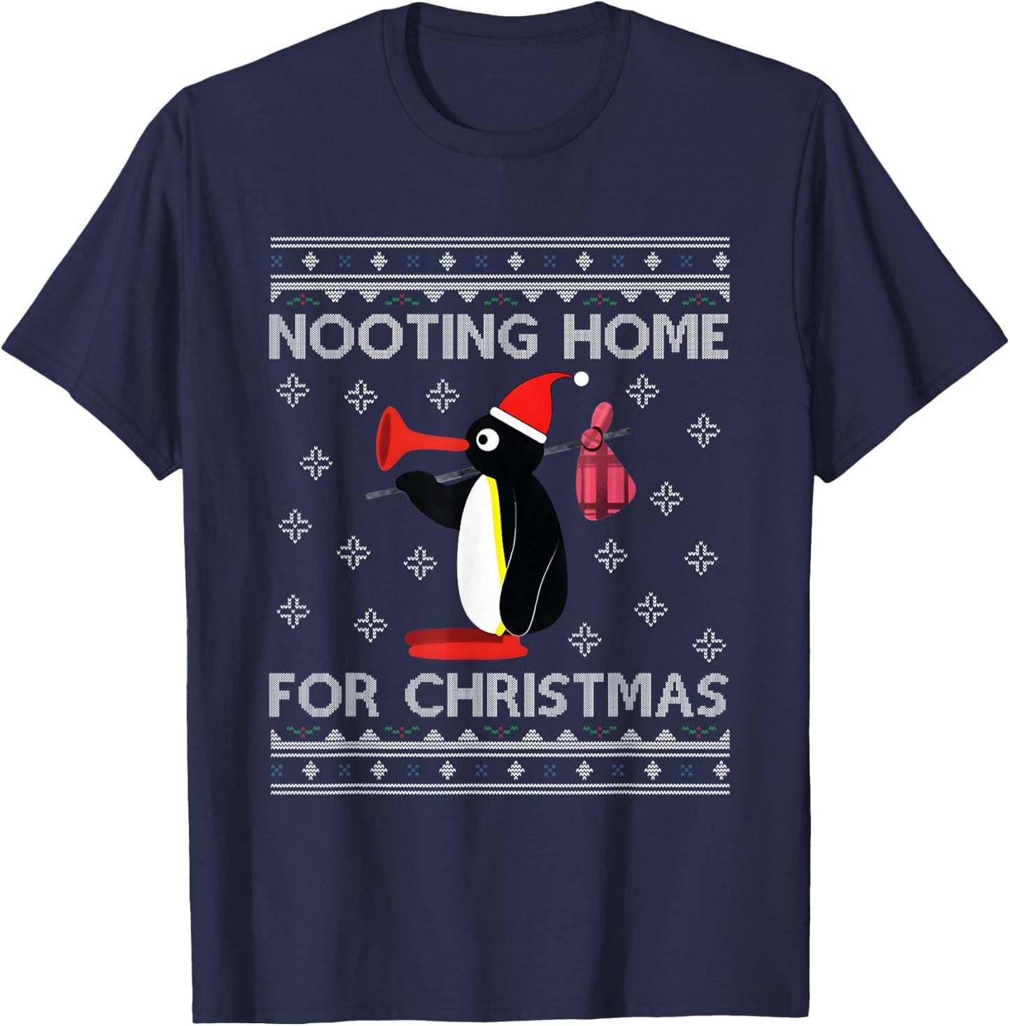 Pingu Nooting Home For Christmas Ugly - Black, Small, -Adults, , Modern , Ugly Christmas, Penguin, Christmas T-Shirt - T-Shirt | Navy