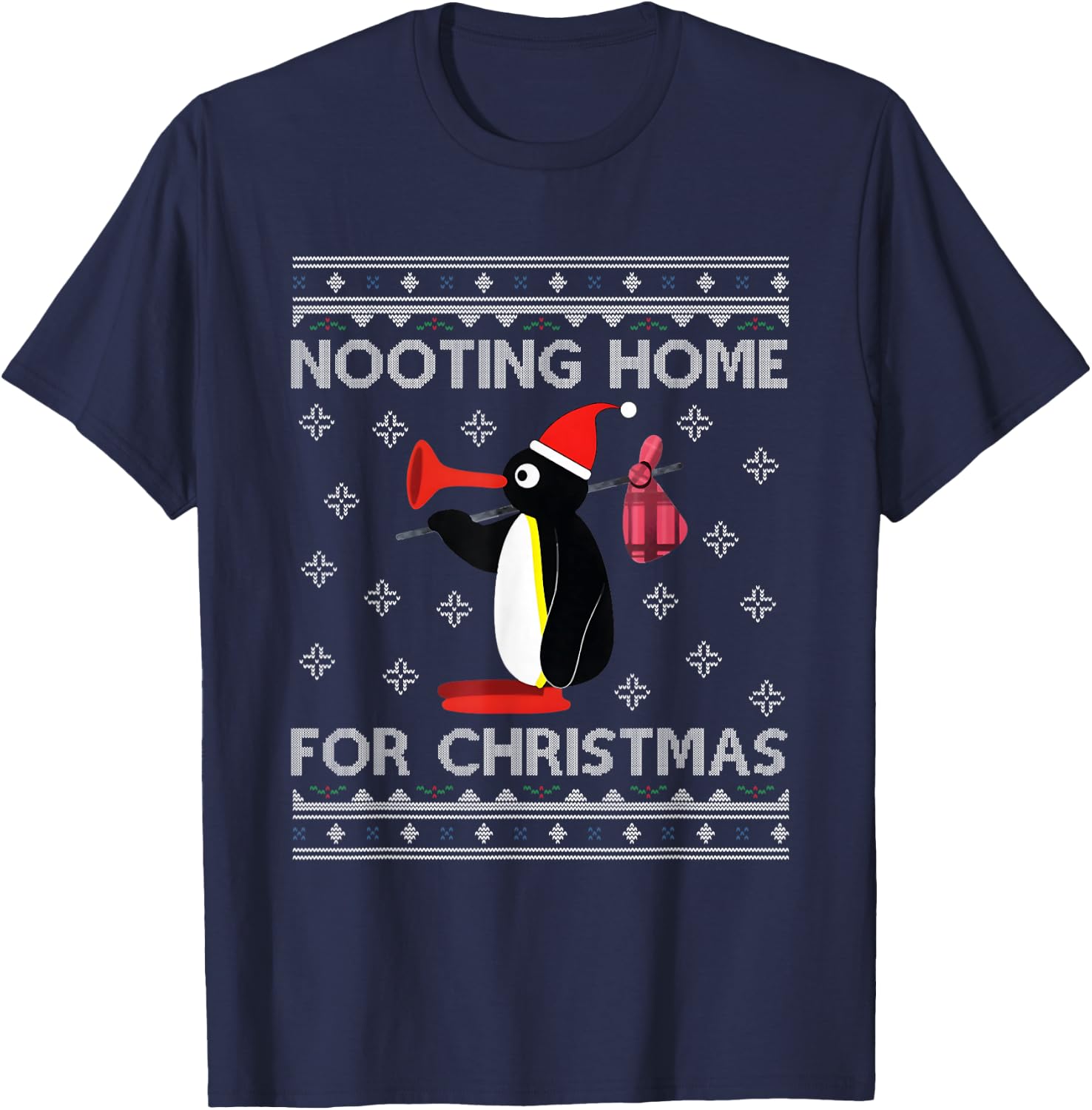 Pingu Nooting Home For Christmas Ugly - Black, Small, -Adults, , Modern , Ugly Christmas, Penguin, Christmas T-Shirt - T-Shirt | Navy